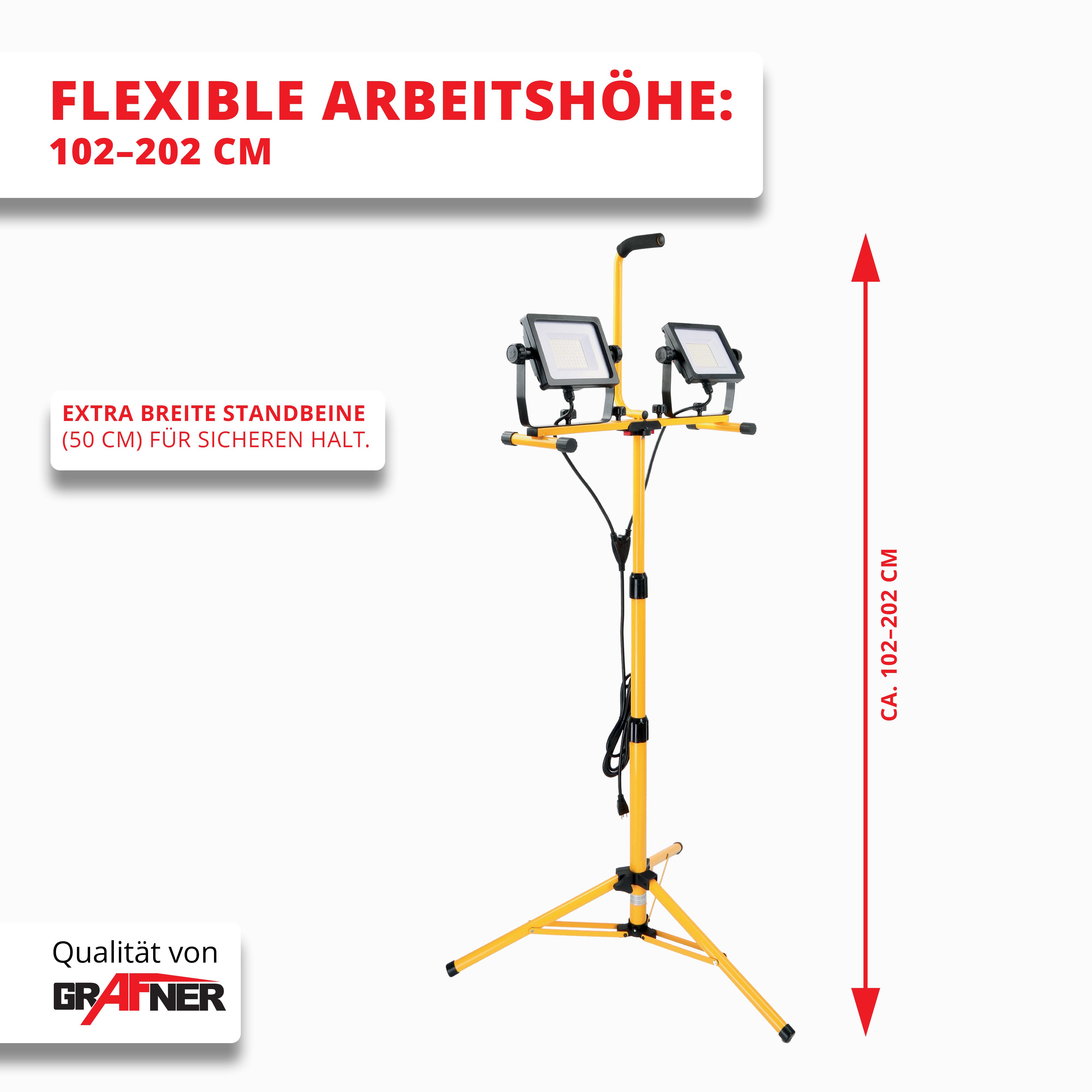 Grafner LED construction spotlight with tripod, 2 x 50W, 9000lm, including remote control, integrated LEDs, construction spotlight, floodlight