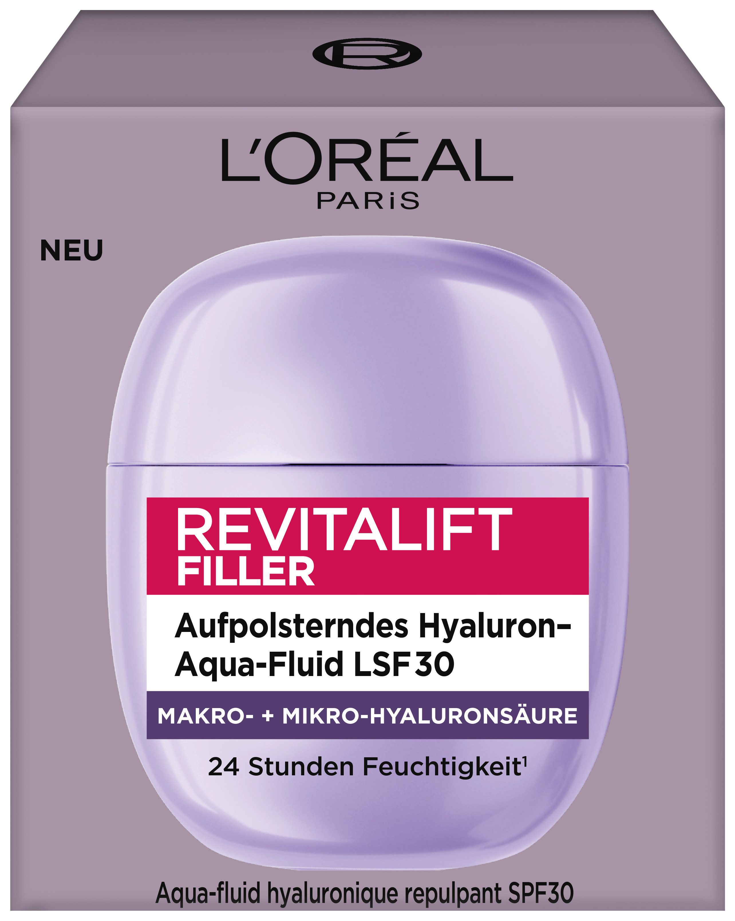 L'ORÉAL PARIS Gesichtsfluid REVITALIFT FILLER AUFPOLSTERNDES HYALURON AQUA-FLUID LSF 30, verfeinert das Hautbild