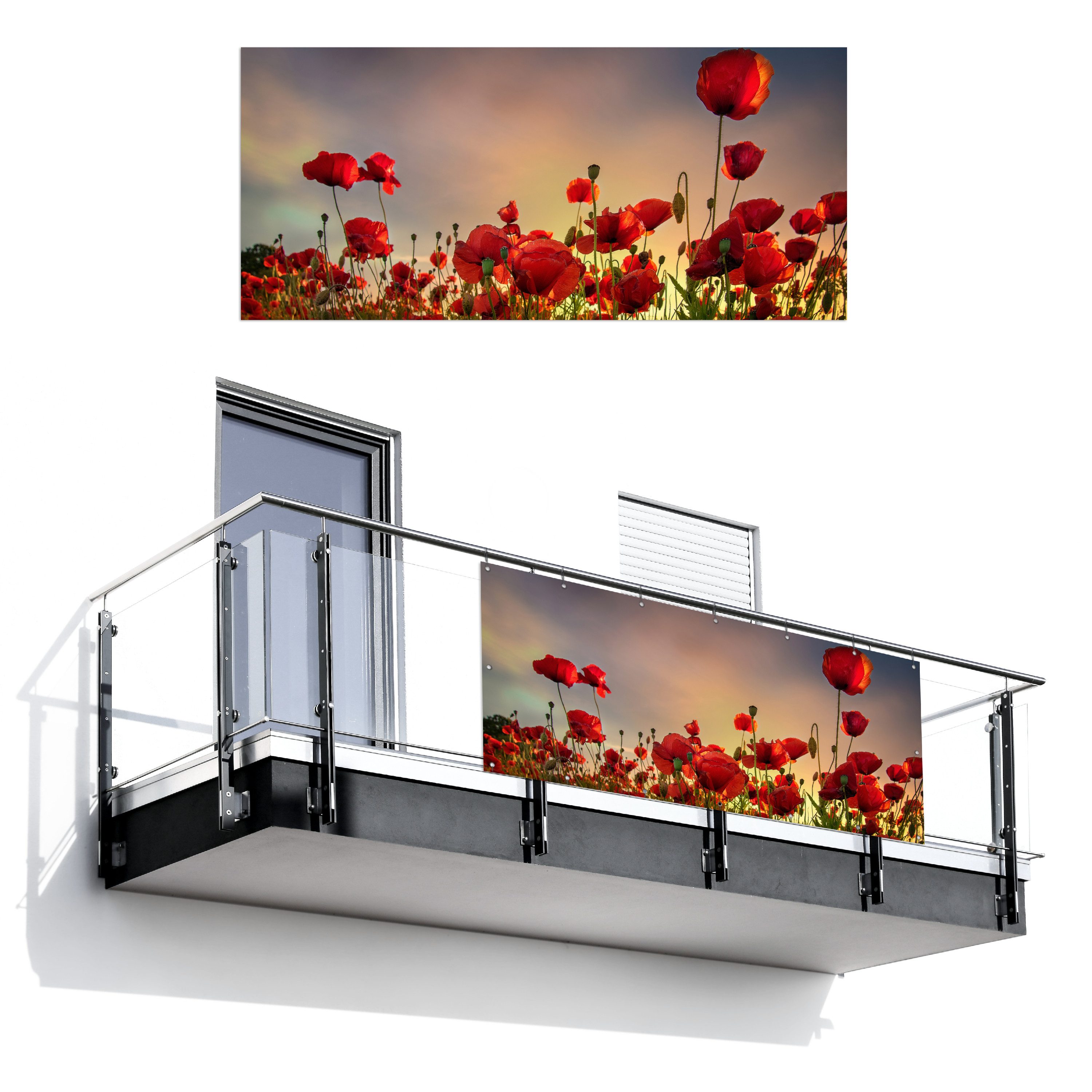 MuchoWow Balkonsichtschutz Bunter Himmel über einem Mohnblumenfeld in Dänemark (1-St) Balkon Sichtschutz 90x200, Windschutz für Zaun PVC, 200x90 cm
