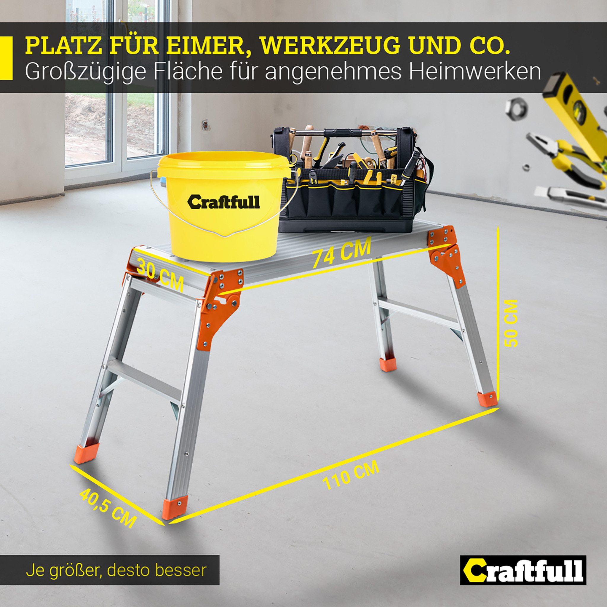 Craftfull Arbeitsplattform Aluminium 3 Jahre Garantie Arbeitspodest klappbar (Haushaltsleiter, Stehleiter, Leiter aus Alu, Leiter, Trittleiter, Klappleiter, Multifunktionsleiter, Sicherheitsleiter, Arbeitsplattform, Gerüst, Anti-Rutsch, Sicherheitsbügel, klappbare Standfüße), Arbeitshilfe Arbeitsbühne für Haus Garten Werkstatt Werkzeug
