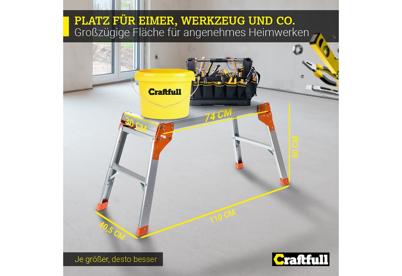 Thumbnail - Craftfull Arbeitsplattform Arbeitspodest CF-107A klappbar - 3 J. Garantie - Aluminium (74 x 30 cm - 150 kg Traglast - Tr...
