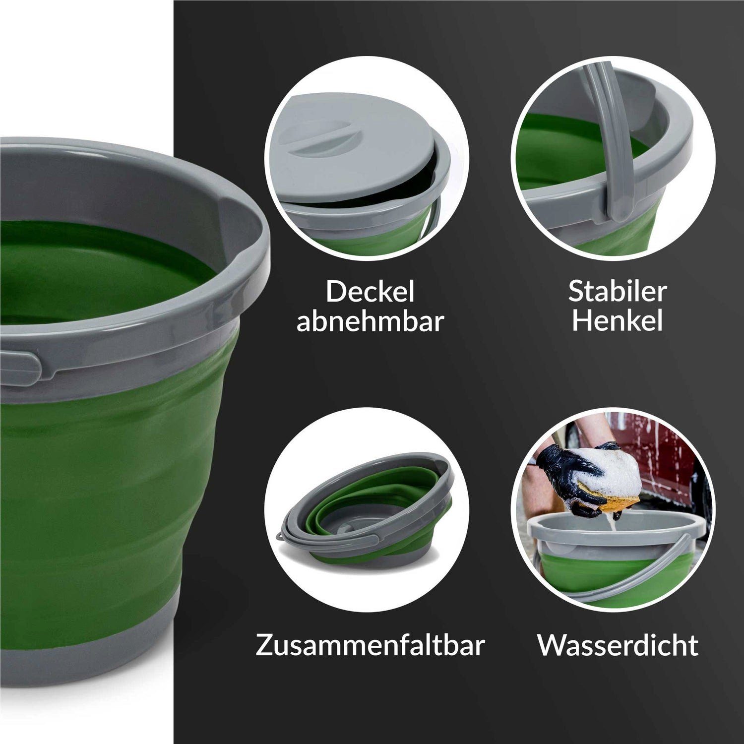 Grün/Grau und mit aus Liter Klein 5 Upgrade4cars Silikon Plastik Falteimer Wassereimer Falteimer & Henkel, Klappbarer Deckel