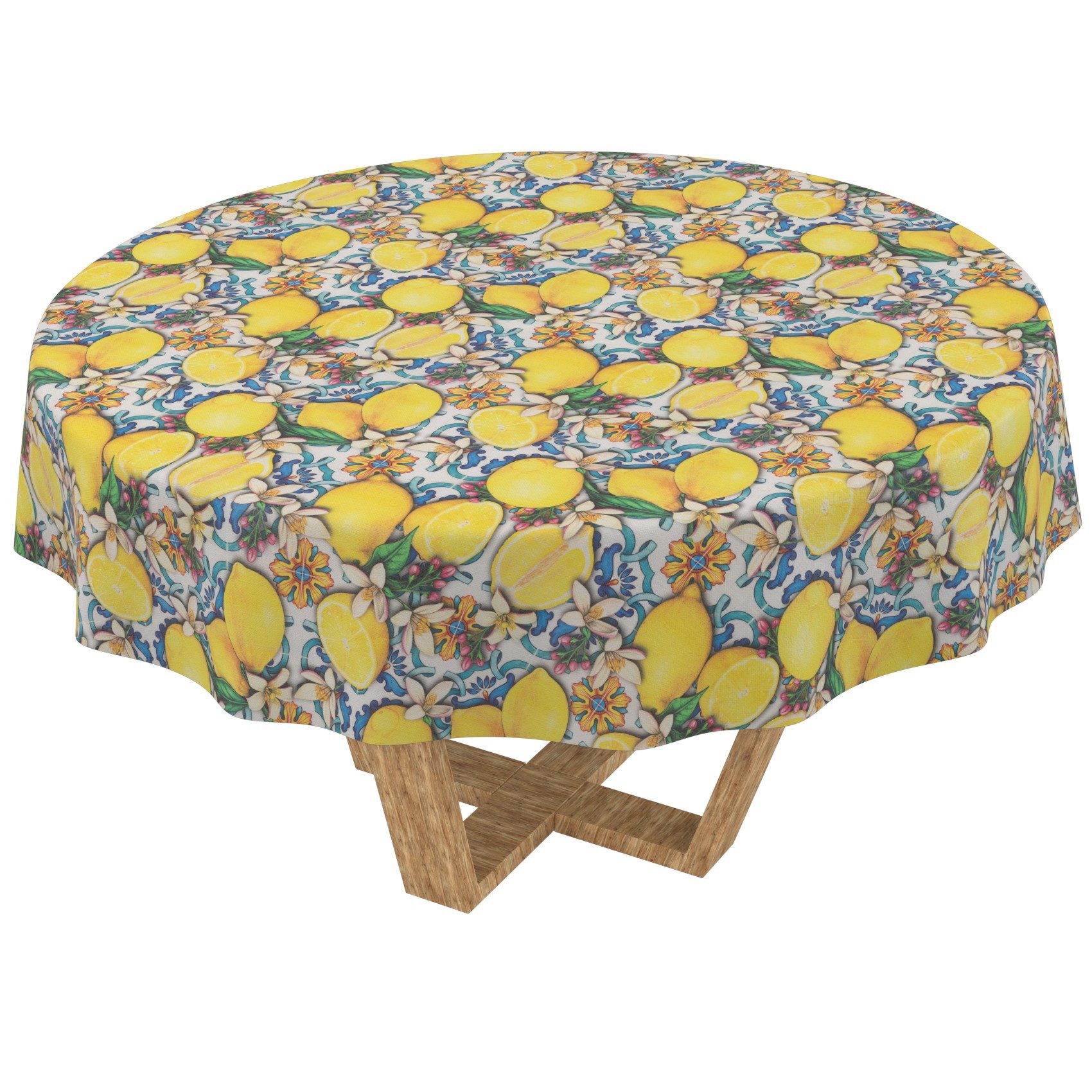 ANRO Tischdecke Wachstuchtischdecke 3.0 abwischbar Zitrone Spanien Gartentischdecke (Einzelstück 1-tlg), wasserabweisend PU-Beschichtet Azulejos Gelb Rund 100cm