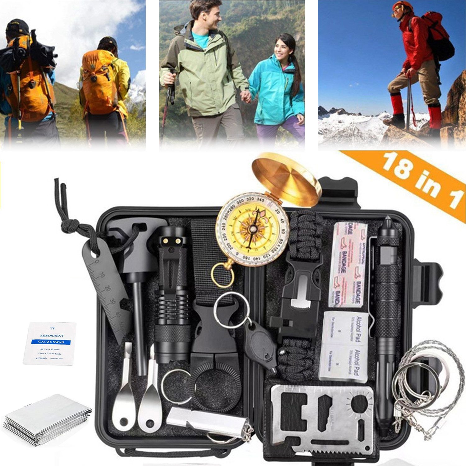 AIMAX Multitool Survival Kit 18 in 1, Outdoor Ausrüstung Erste-Hilfe-Set Outdoor-Sport, (Außen Notfall Set mit Kompass Taktische Taschenlampe Weiterem Zubehör, 1 St., für Camping, Bushcraft, Wandern, Jagde, Abenteuer, Auto Outdoor), Coole Geburtstagsgesch