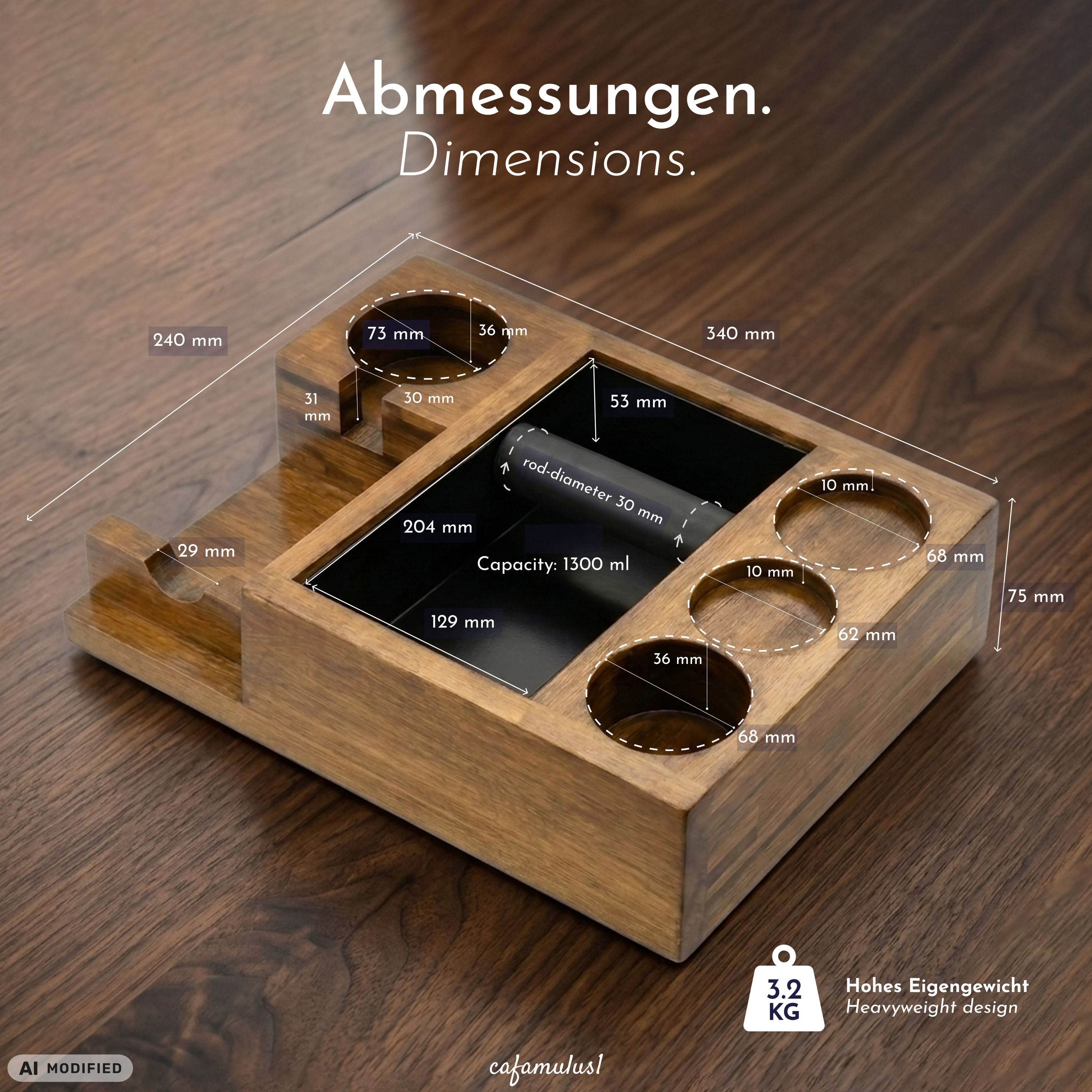 WONDERMAKE Tamperstation mit Knock-Box Siebträger 51–58,5 mm, Moso-Bambus mit Walnuss-Finish, Espresso Kaffee Organizer mit Ablagen für Tamper, Leveler, Puck Screen