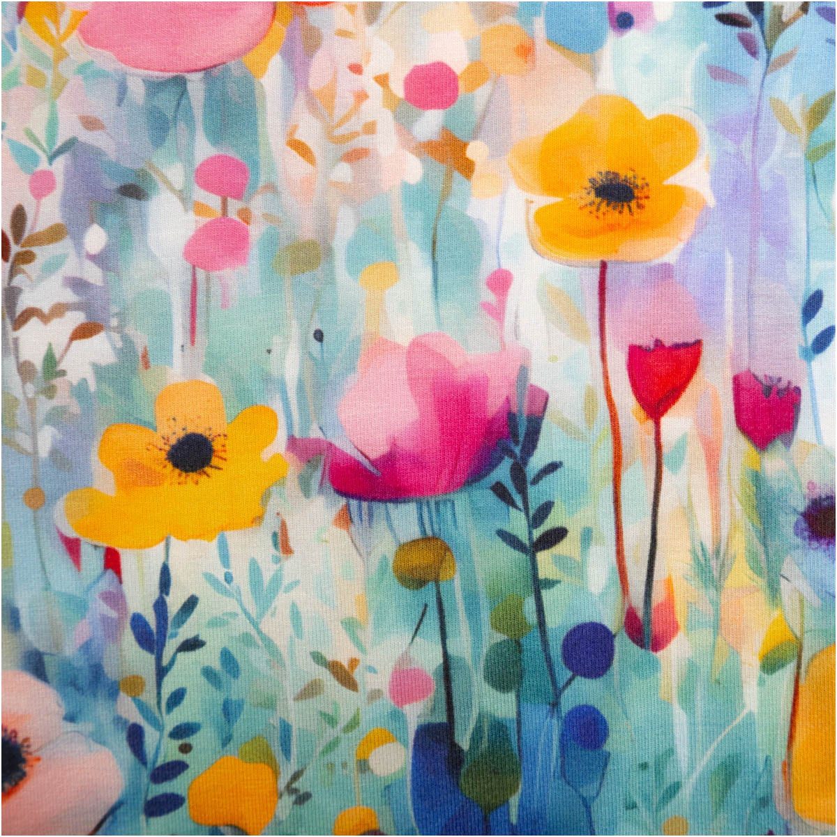 SCHÖNER LEBEN. Stoff Viskose Jersey Meterware Aquarellblumen blau gelb rosa, abwaschbar