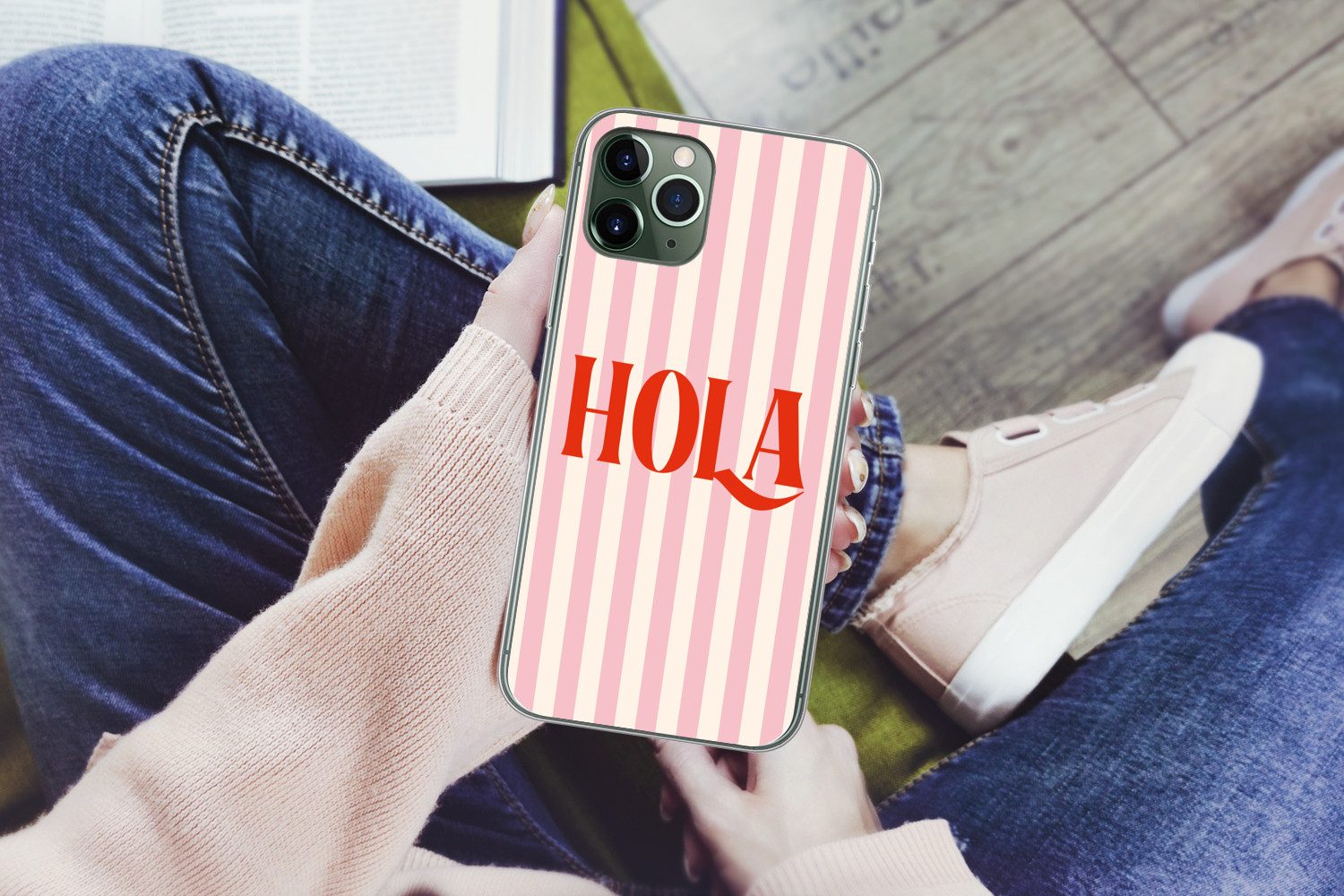MuchoWow Handyhülle für Apple iPhone 11 Pro Hola - Zitat - Streifen - Pastell - Rosa - Rot, Smartphone-Bumper, Print, Handy Schutzhülle Dünn