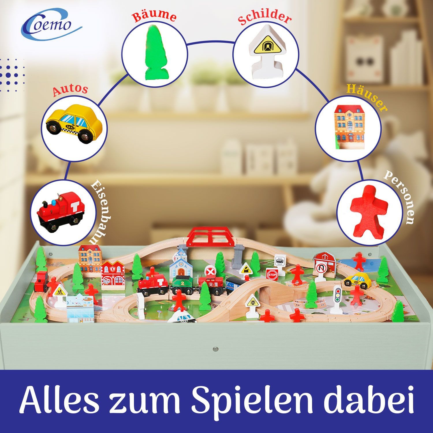 Coemo Spielzeugeisenbahn-Set, Spieltisch Grün für Kinder MDF inkl 90 tlg. Spielzeug Eisenbahn