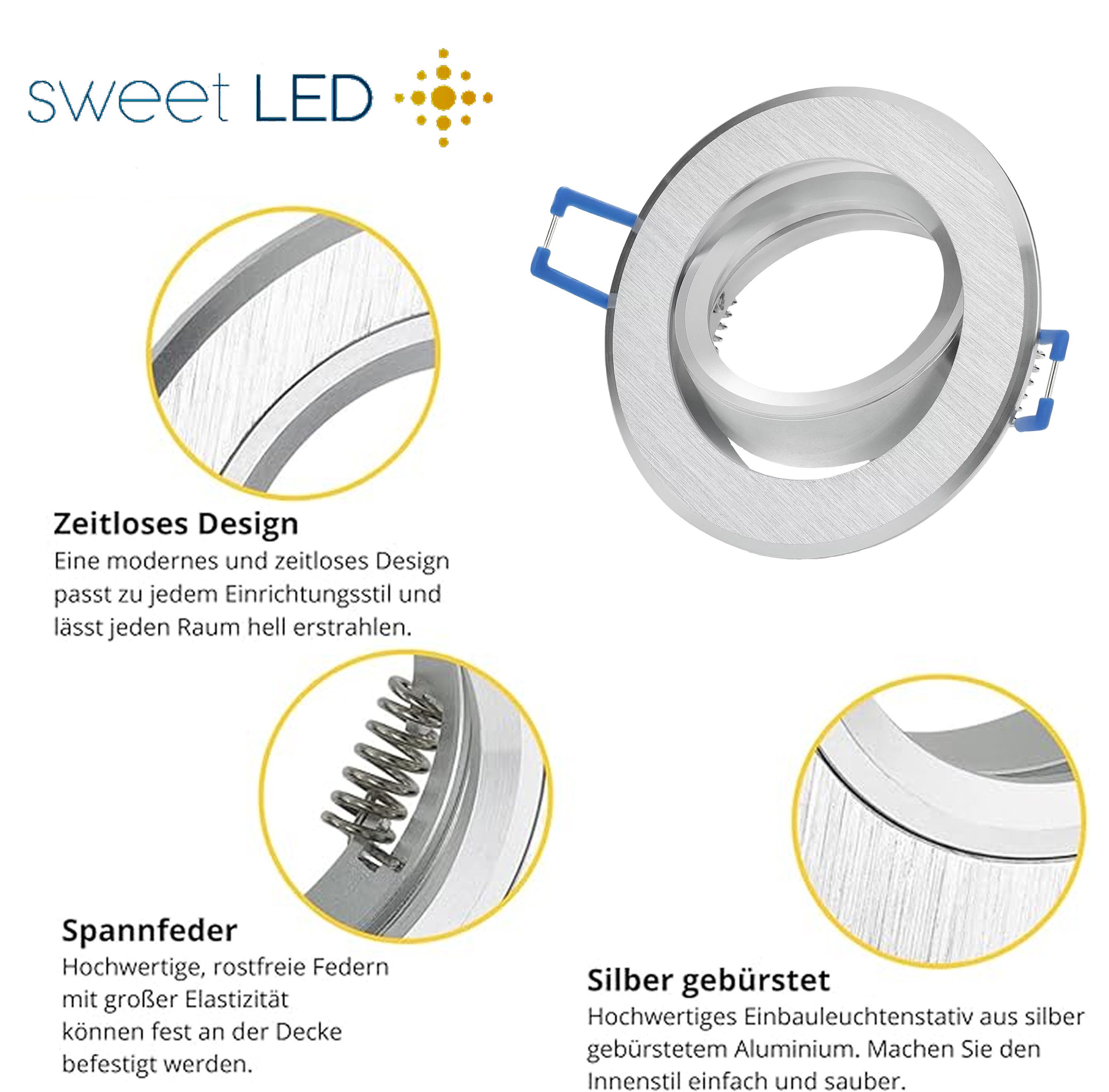 Sweet LED LED Einbaustrahler 6er SET LED Modul 5W 230V 3 CCT Deckenspots dimmbar schwenkbar Silber, 3000K warmweiß, 4000K neutralweiß, 6500K kaltweiß, Deckenspots, Ø 85 mm, Einbauleuchte