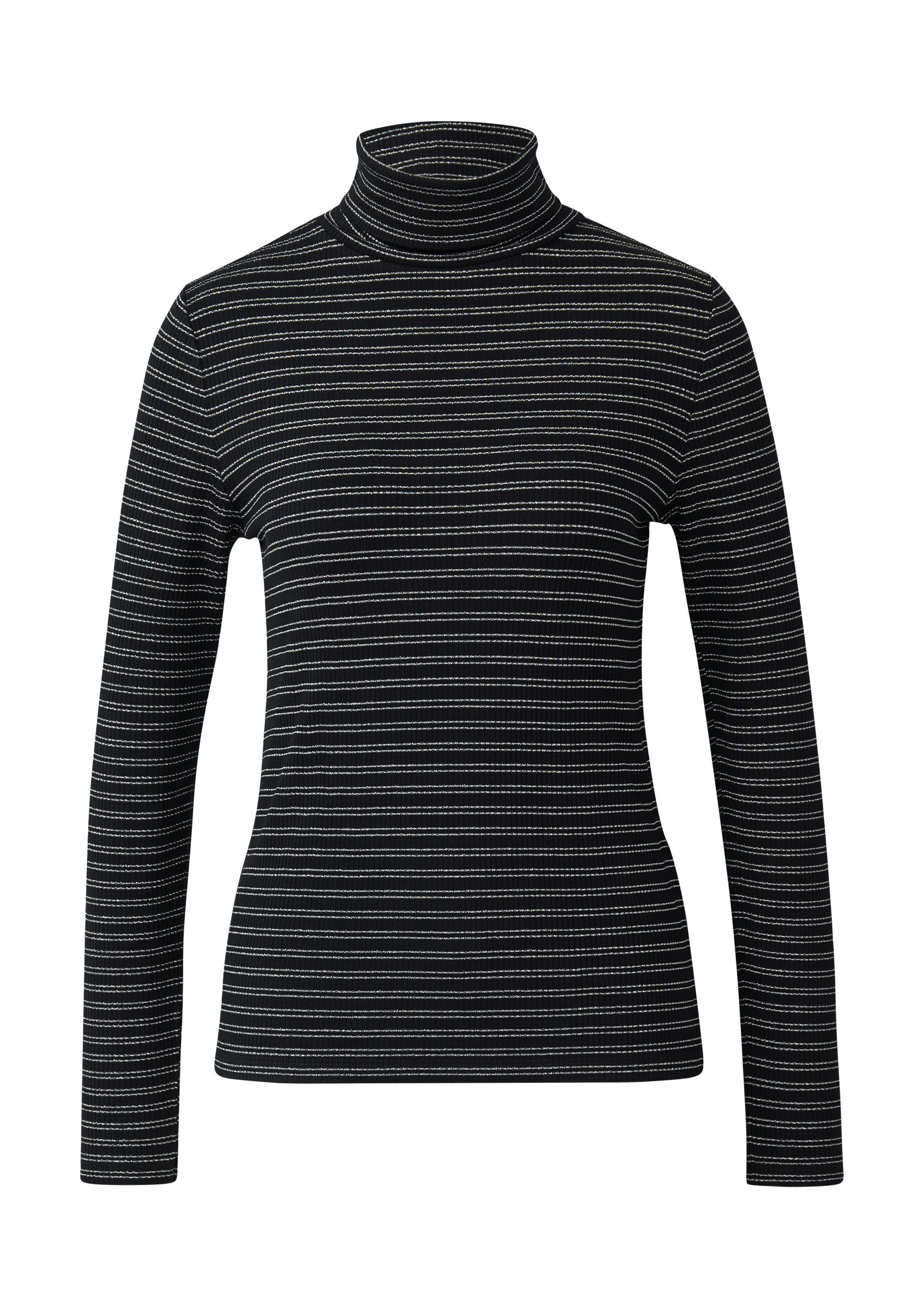 comma Langarmshirt T-Shirt Geripptes Rollkragenshirt mit Glitzergarn