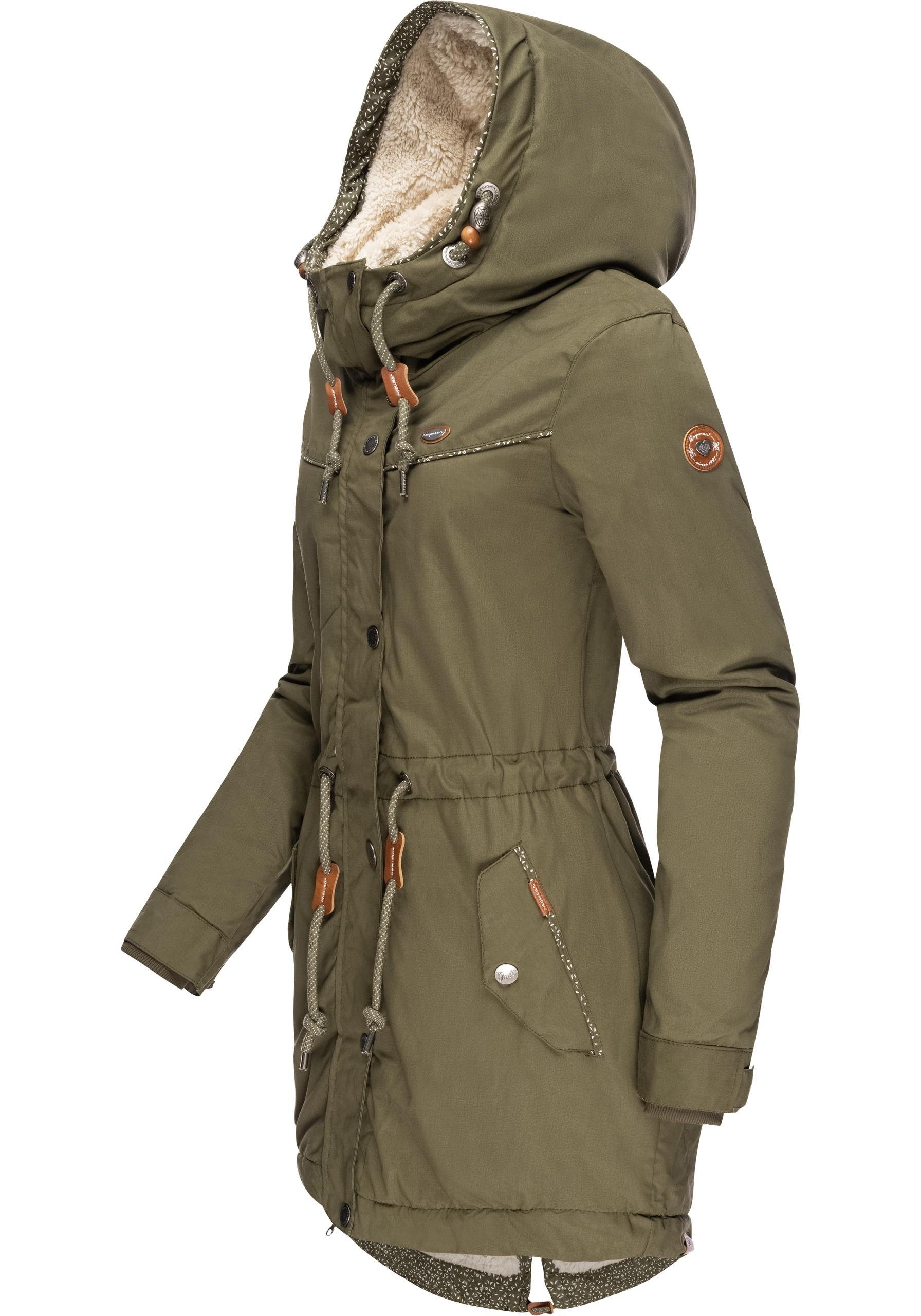 Damen Parka Außentaschen Kapuze, mit Reißverschluss, Mit Druckknopfleiste Winterjacke Warm Intl. Ragwear verdeckter gefütterter II Canny