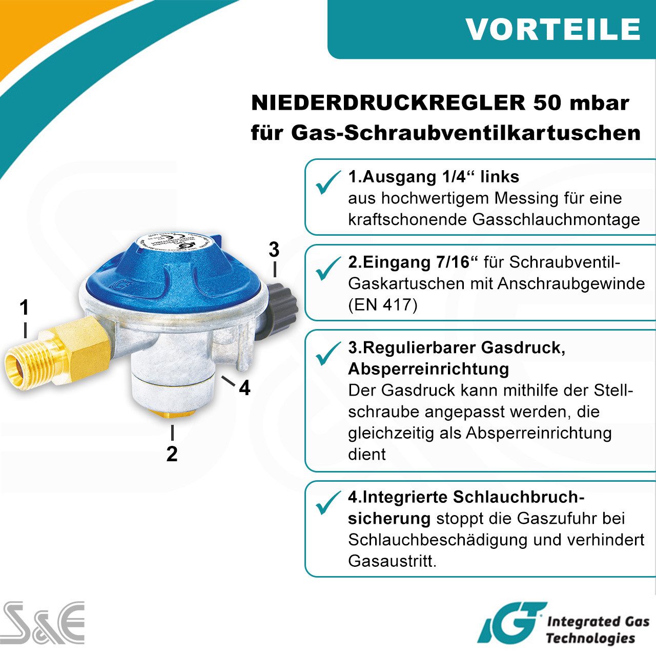 BlueCraft Gasdruckregler für Schraubkartuschen Druckminderer 50mbar Gaskartusche mit Gewinde, 50 mbar, (für Gasgrill Camping Gaskocher Gas-Heizstrahler), Gasregler für Butan Gaskartuschen EN417 mit Anschraubgewinde 7/16"