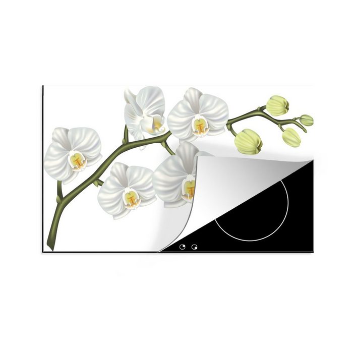 MuchoWow Herdblende-/Abdeckplatte Eine Illustration einer weißen Orchidee Vinyl (1 tlg) Ceranfeldabdeckung Arbeitsplatte für küche