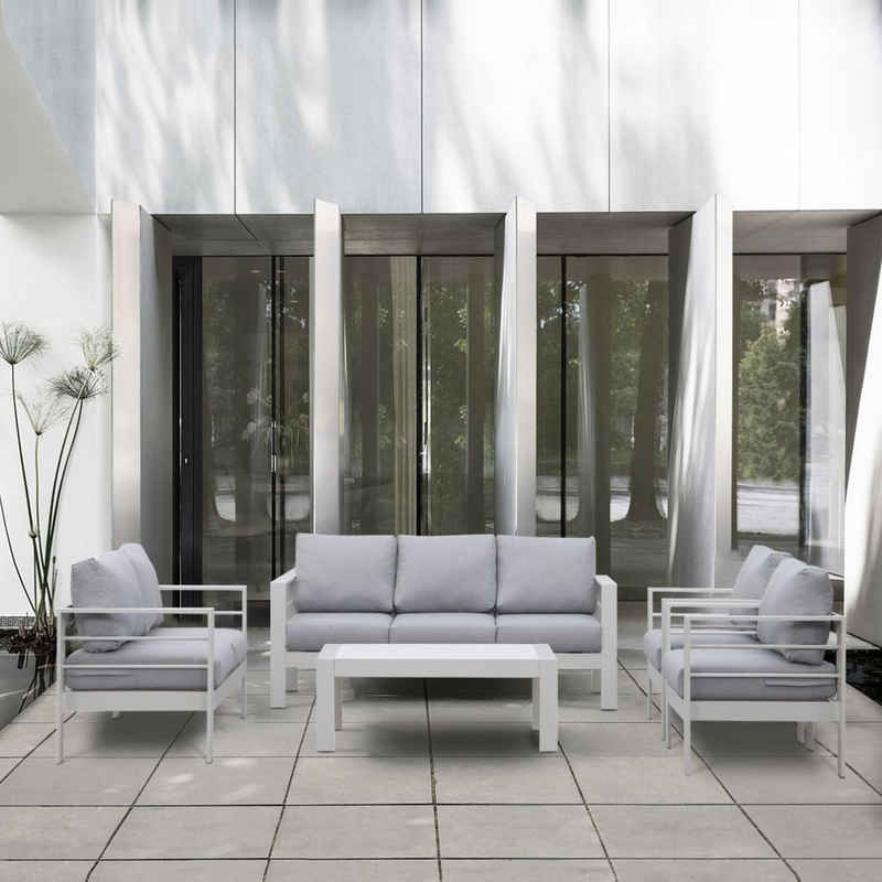 MeXo Loungeset Minimalist Alu-Gartenmöbel Set für 5-7 Personen, (mit 2x Sessel, 1x Zweisitzer-Sofa, 1x Dreisitzer-Sofa, 1x Kaffeetisch), Outdoor/indoor mit dicke Kissen & Polstern