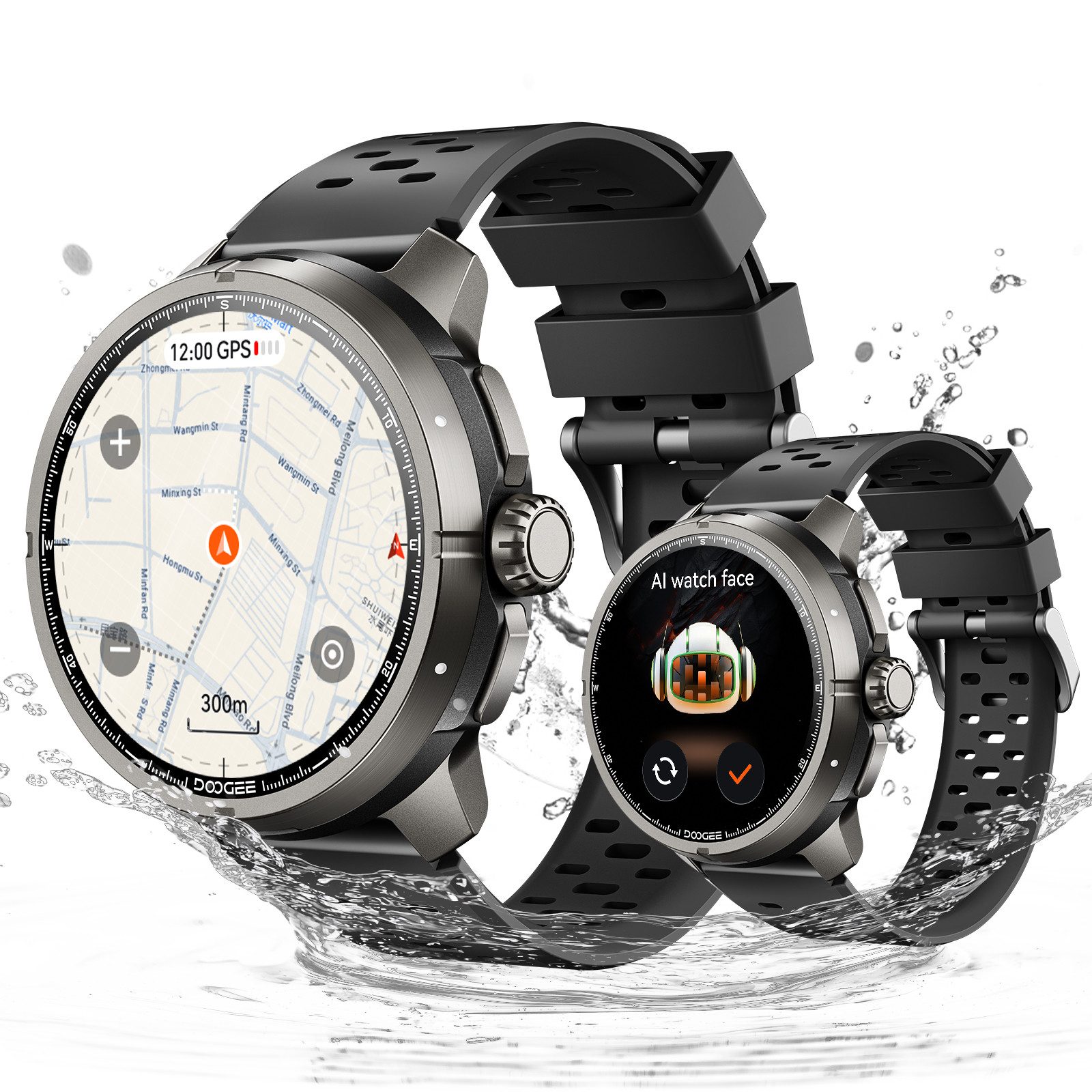DOOGEE Smartwatch Herren mit GPS, Bluetooth 5.3, AMOLED Offline-Karten Watch, Bluetooth, GPS-Ortung, SOS, IP68, Aktivität, Videochat, GPS-Ortung, SOS, Videochat, Aktivität, IP68, Bluetooth