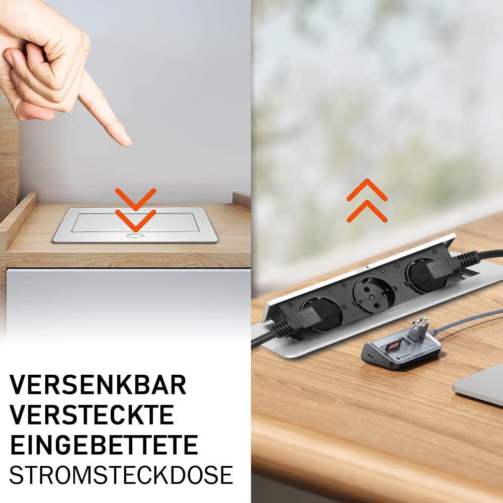 XERSEK Versenkbar Einbausteckdose Tischsteckdosenleiste Mehrfachsteckdose Mehrfachsteckdose 3-fach, 3 Fach, Ein-Tischsteckdose inkl. 1.8m Kabel, Schwarz