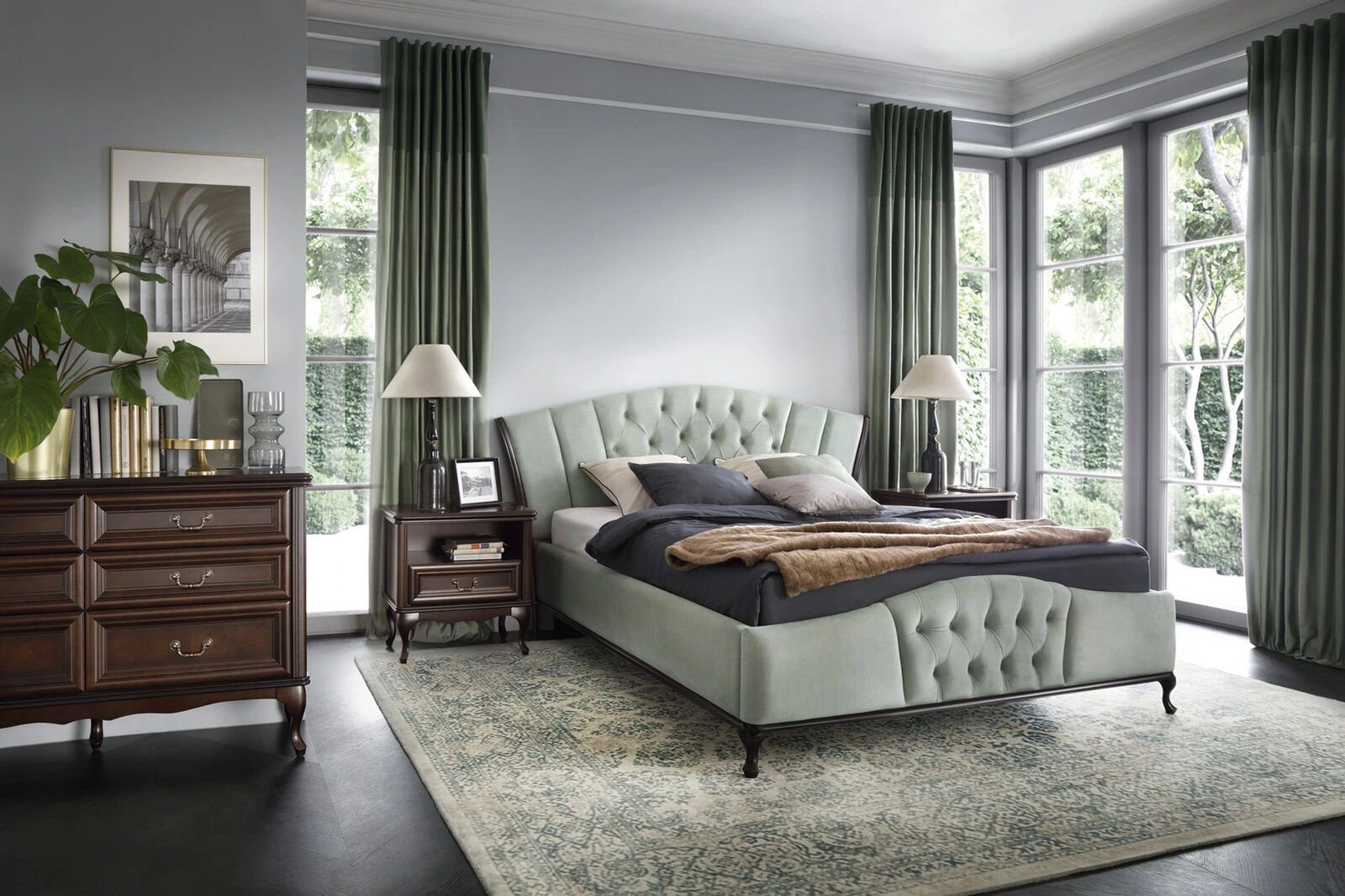 JVmoebel Bett Grünes Chesterfield Bett mit Holz Schlafzimmer Möbel Betten Königlich