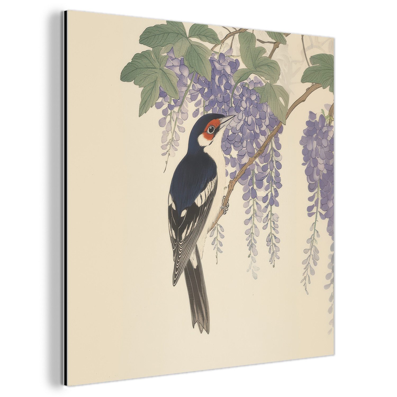 Metallbild Specht - Blumen - Lila