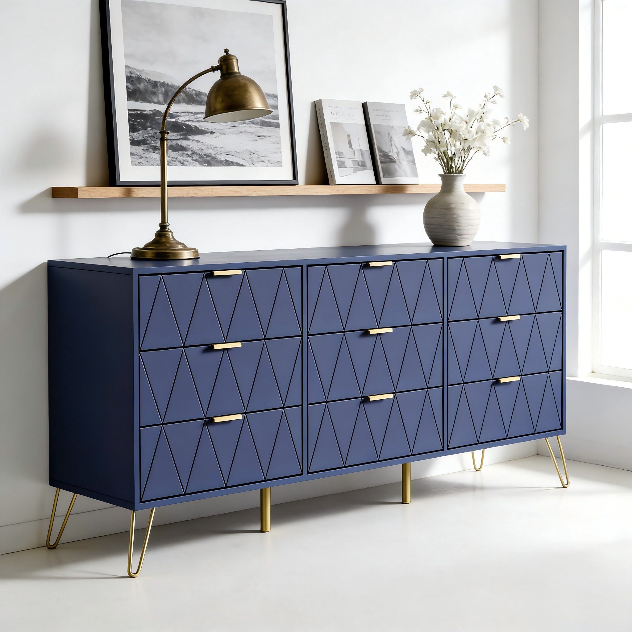 UEV Kommode modern Sideboard schmal Mehrzweckschrank für Kleidung Dokumente (Packung, Schubladenschrank mit Kippsicherung für Wohnzimmer Schlafzimmer Flur), TV Board Schubladenschrank Buffet 150x34x74cm Aufbewahrungsschrank