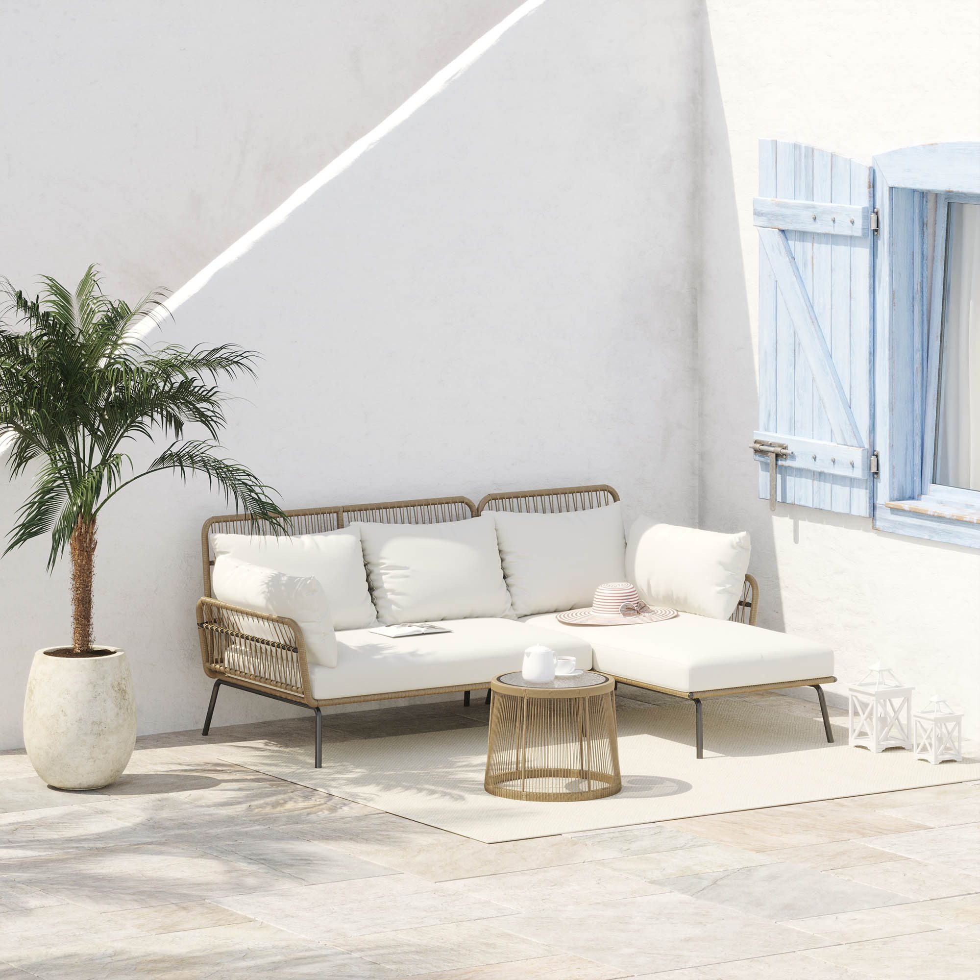 Outsunny Gartenlounge-Set Rattan Gartenmöbel-Set, Sitzgruppe mit Kissen und Beistelltisch, (Polyrattan Lounge Set, 3-tlg., Gartengarnitur), für Garten, Terrasse, Stahl, Kaffee+Creme