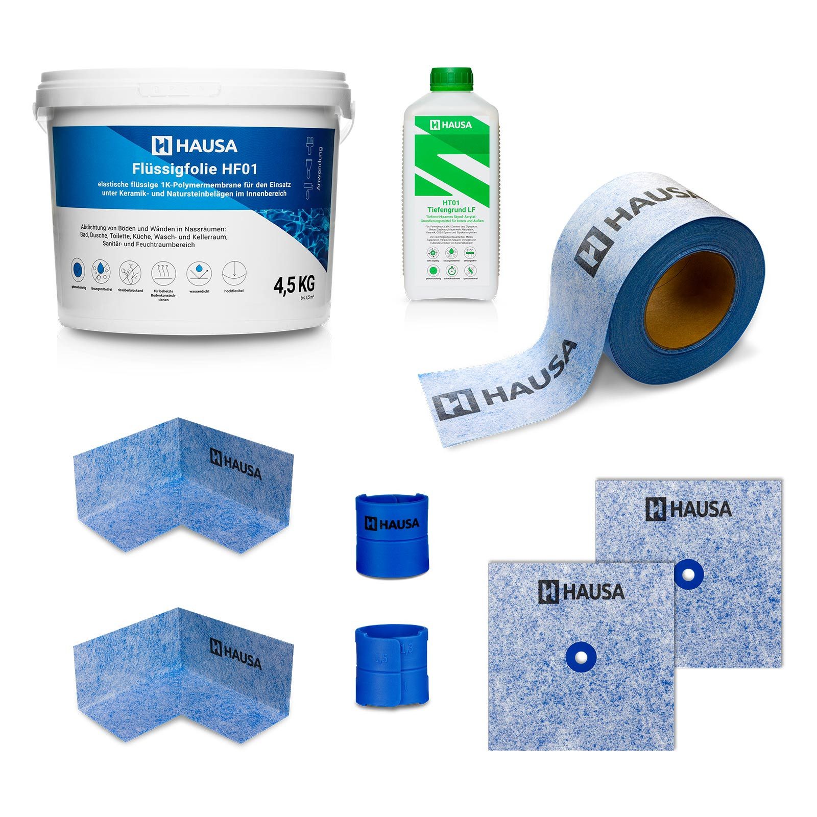 Hausa Bodenfliese Dicht-Set PRO6, wasserfeste Abdichtung unter, blau, 4,5kg Flüssigfolie, 1L Tiefengrund, 5m Dichtband, 2x Innenecke, 2x Wandmanschette, 2x Billy Click