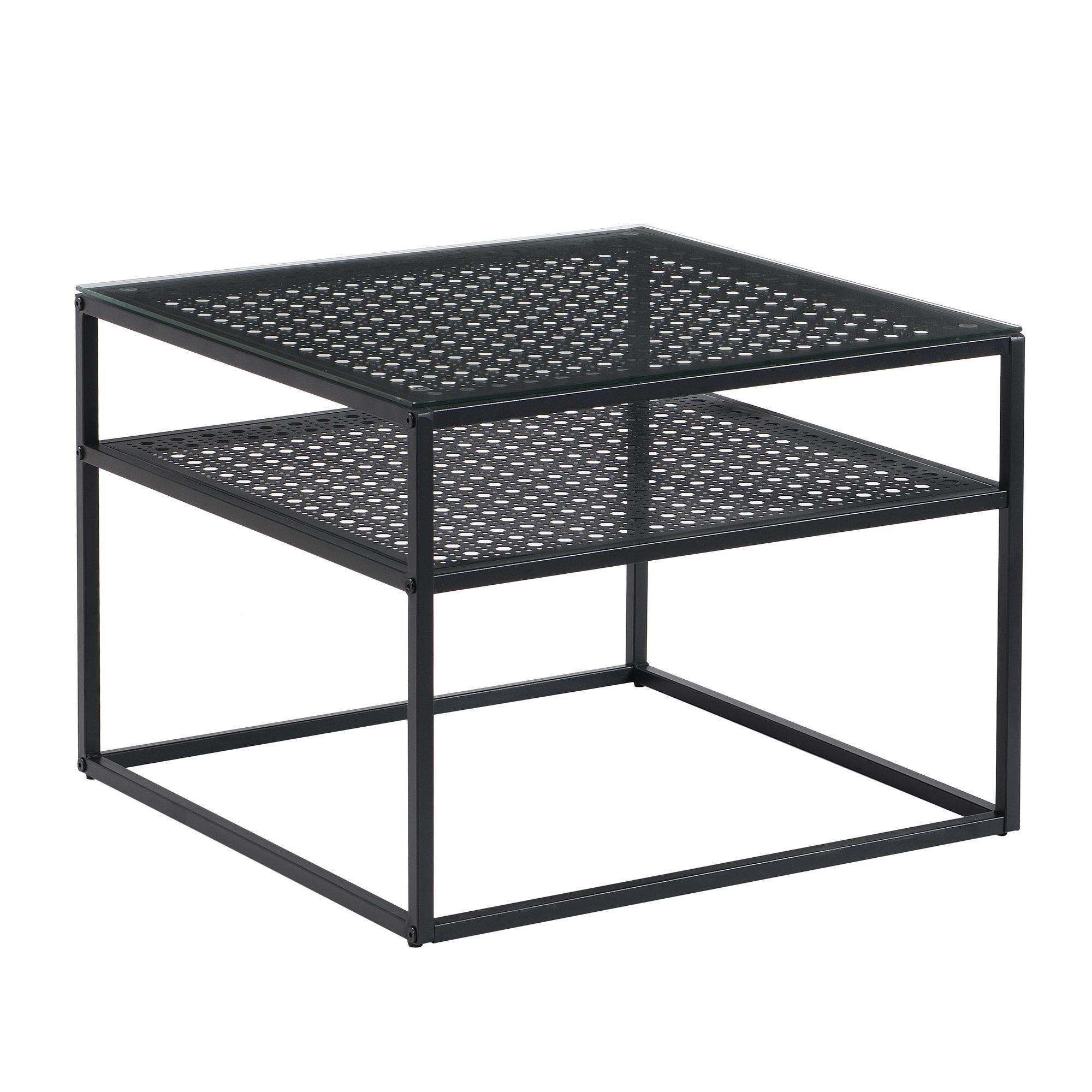 Wohnling Couchtisch WL7.325 Glas Metall Schwarz 60 cm Quadratisch Wohnzimmertisch Ablag (Sofatisch Glas Quadratisch 60 cm Schwarz Ablage), Wohnzimmertisch Industrial, Metallgestell Modern