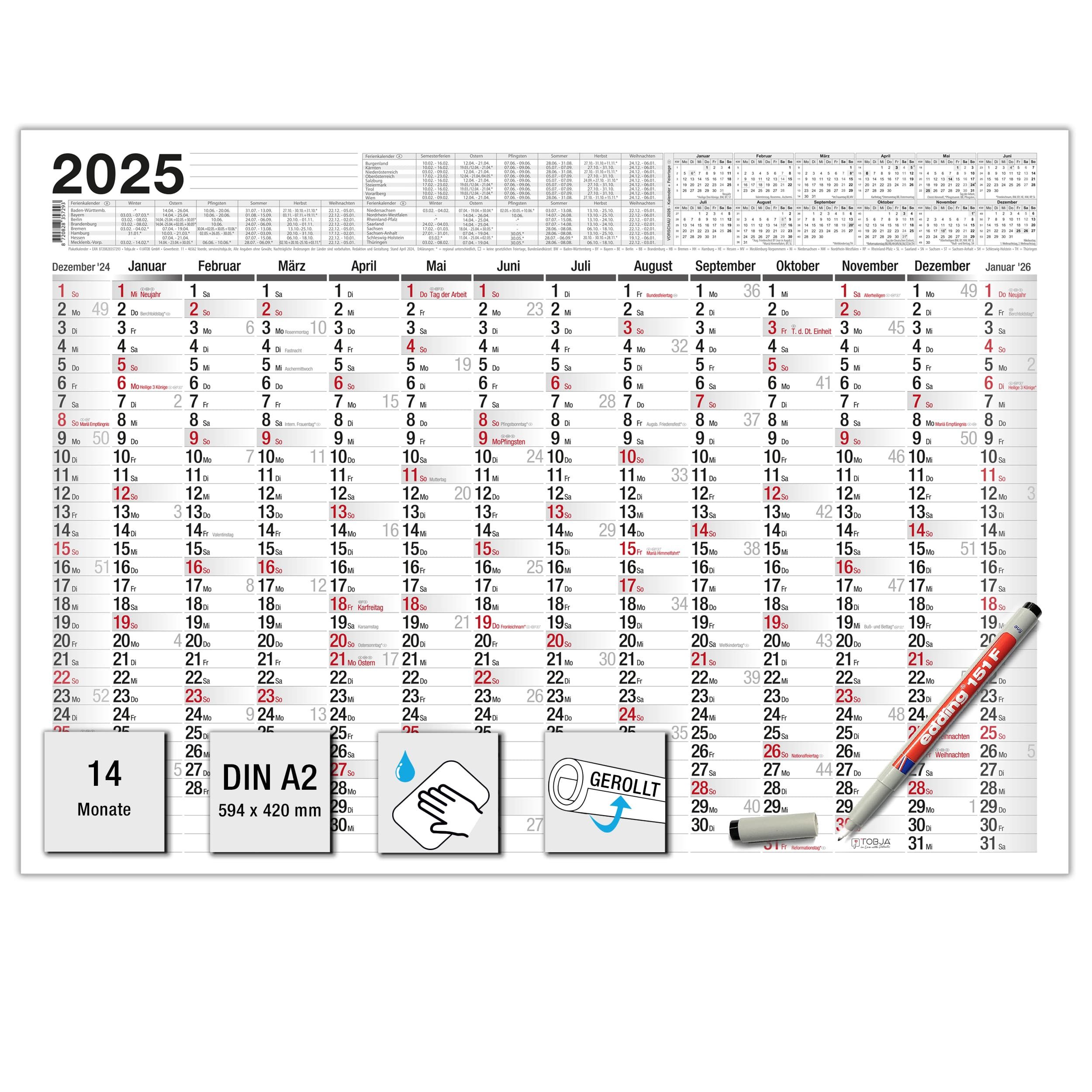 TOBJA Wandkalender Abwischbarer A2 Wandkalender 2025 inkl. 1 Stift, Kalender 2025 Jahresplaner 14 Monate