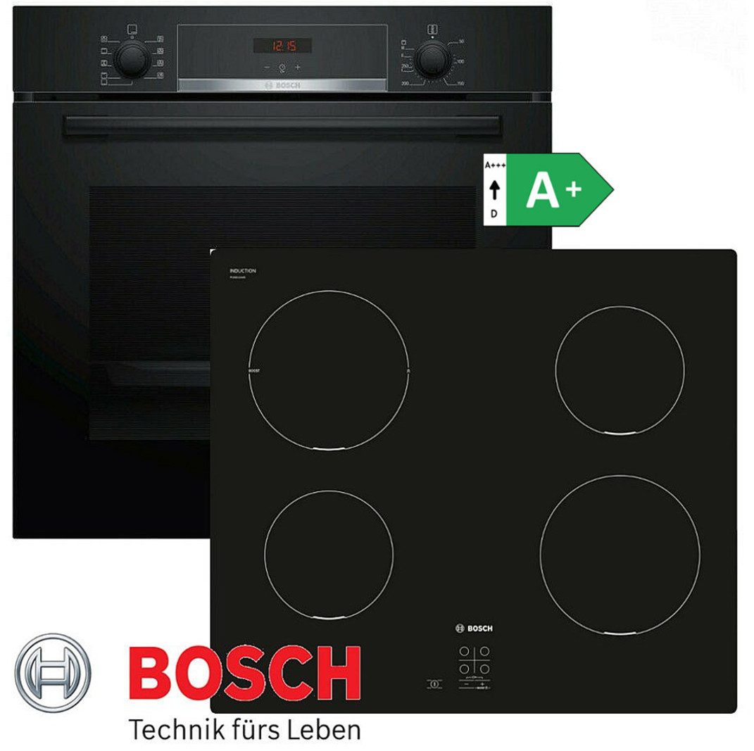 BOSCH Induktions Herd-Set Bosch Autark Einbau Backofen Schwarz und Kochfeld Induktion, mit 1-fach-Teleskopauszug, -EcoClean (Rückwand) Backofen, 3D-Luftzirkulation, LED-Anzeige, GranitEmail, Teleskopführung, Timer
