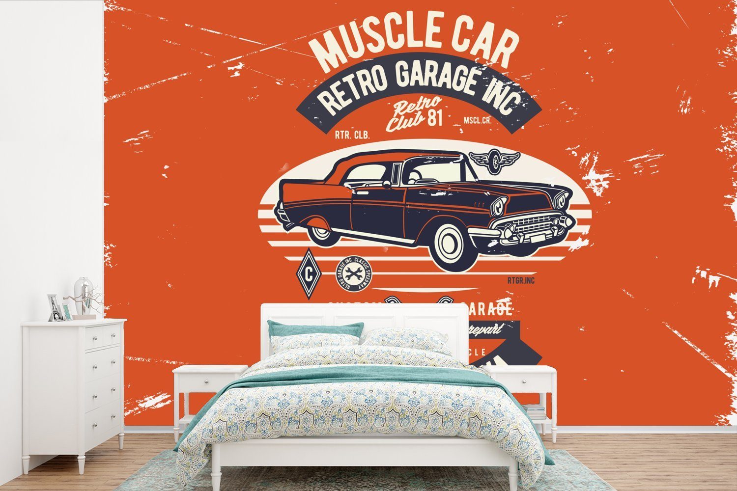 MuchoWow Fototapete Kinderzimmer, für Vinyl Matt, (6 Auto St), - Zitat, Orange Oldtimer - Schlafzimmer, Wohnzimmer, Tapete - bedruckt, Wallpaper