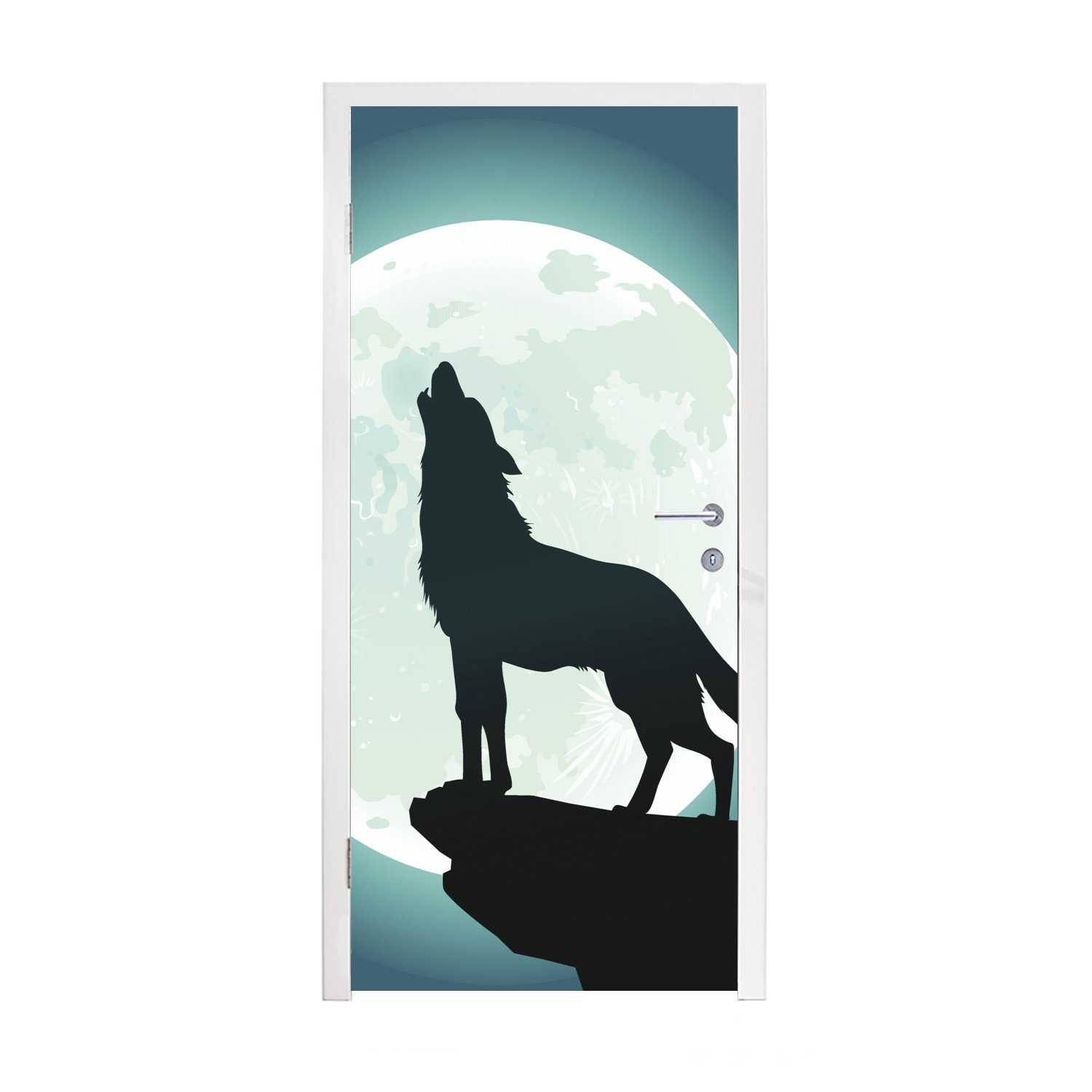 MuchoWow Türtapete Wolf - Mond - Stein, Matt, bedruckt, (1 St), Fototapete für Tür, Türaufkleber, 75x205 cm