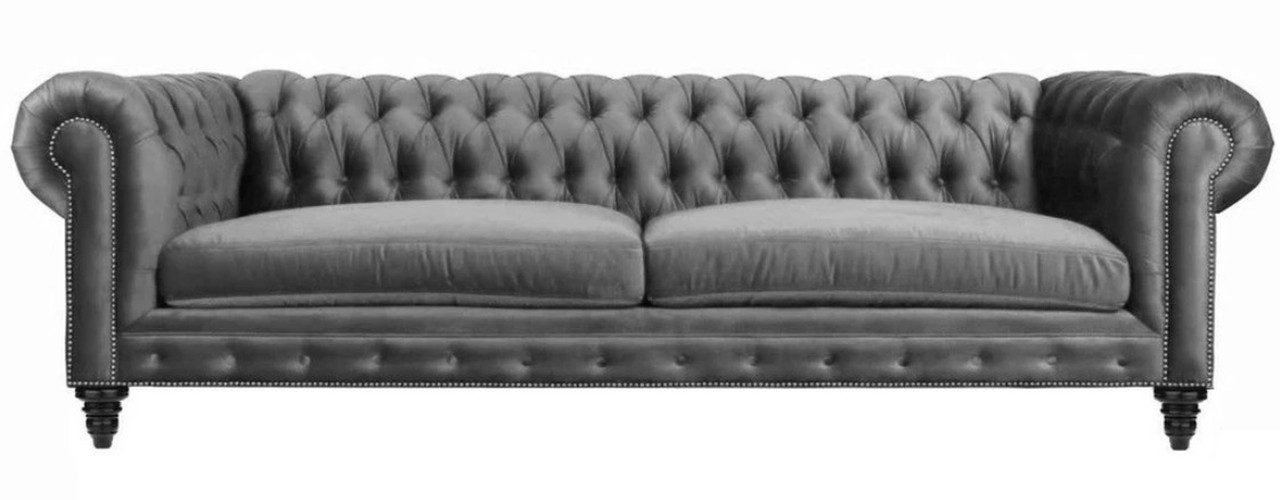 Chesterfield-Sofa Elegantes graues Sofa mit Chesterfield-Knöpfen und Holzfüßen