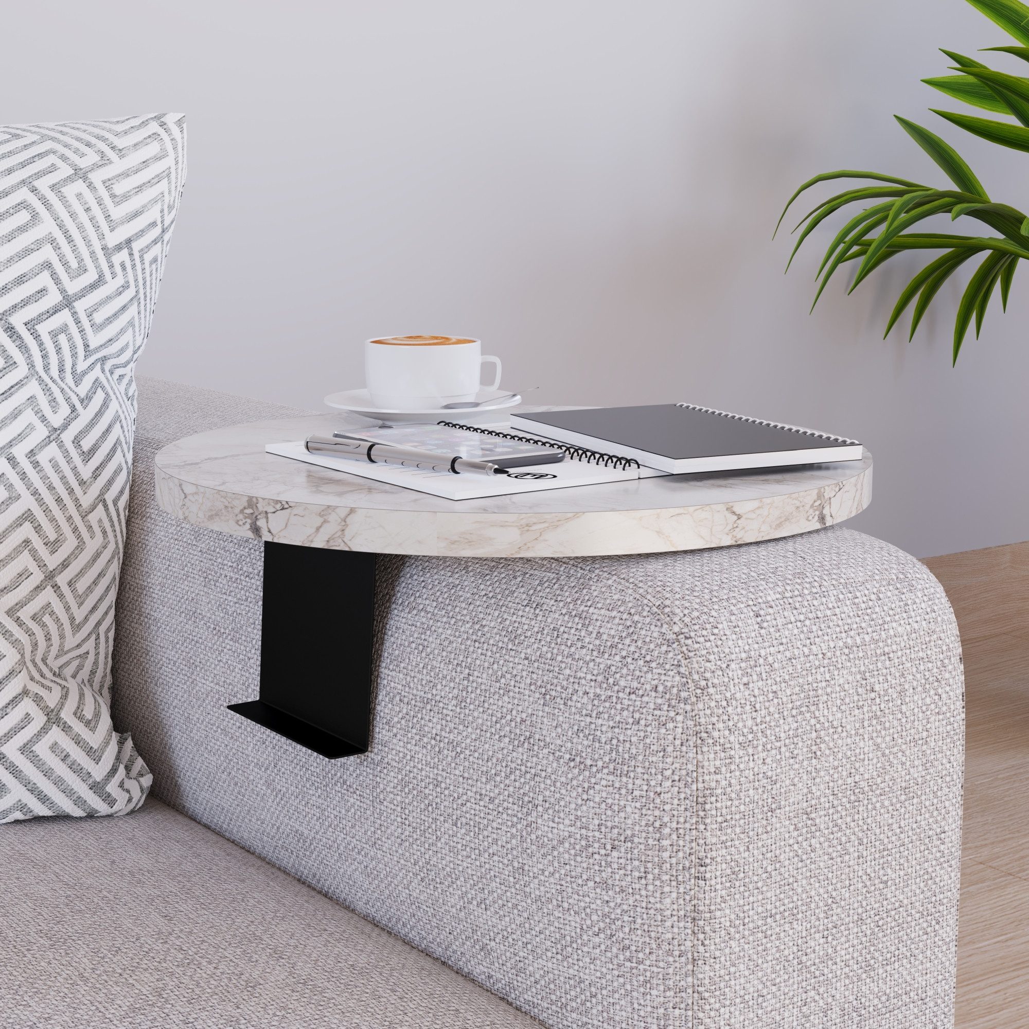 en.casa Tablett, Spanplatte, »Kuleskyd« Couchtablett Ø34 cm Marmoroptik, weiß