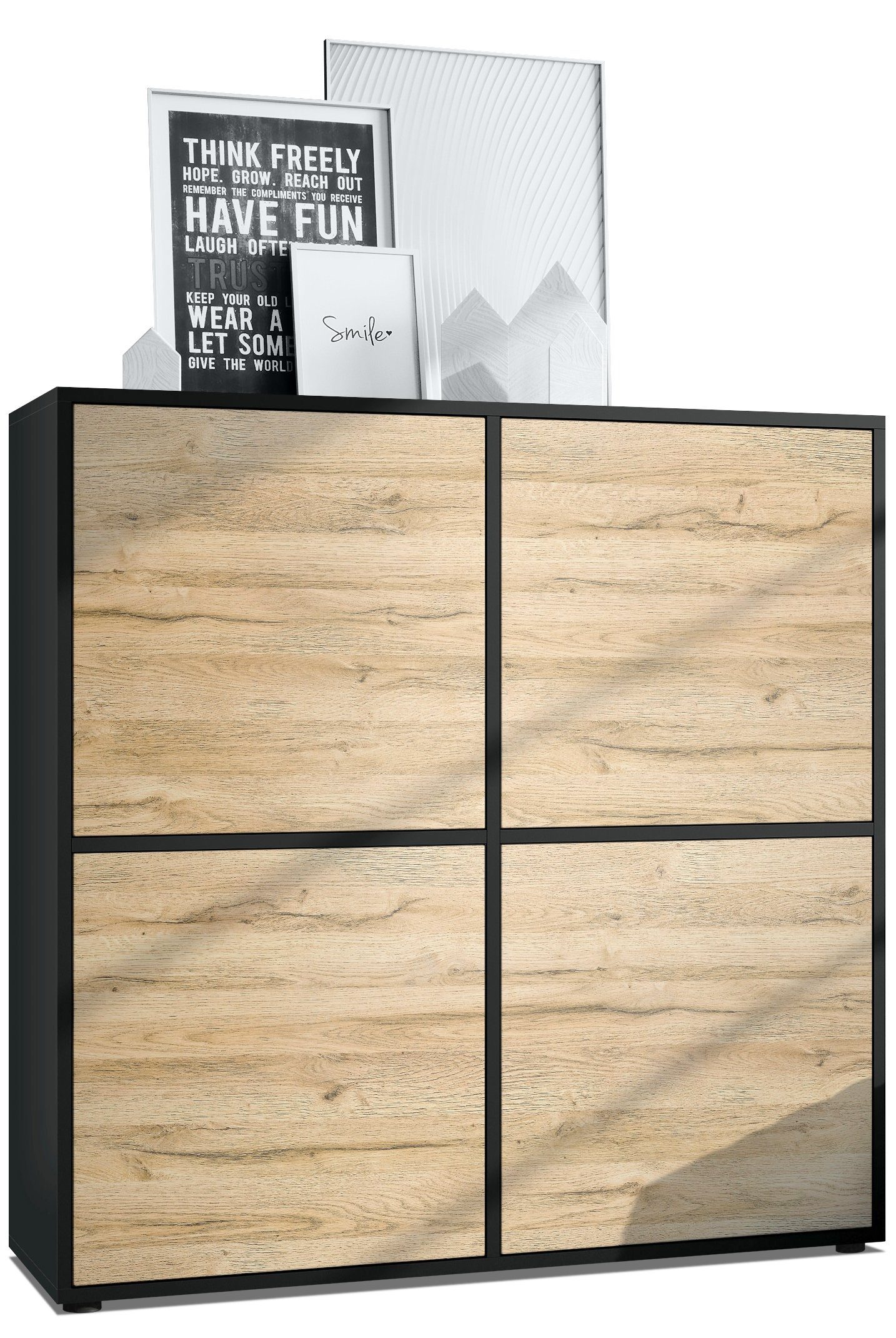 Vladon Highboard Cuba (Schrank, 104 x 105,5 x 35,5 cm Sideboard mit 8 Fächern), Korpus in Schwarz matt / Fronten in Eiche Natur