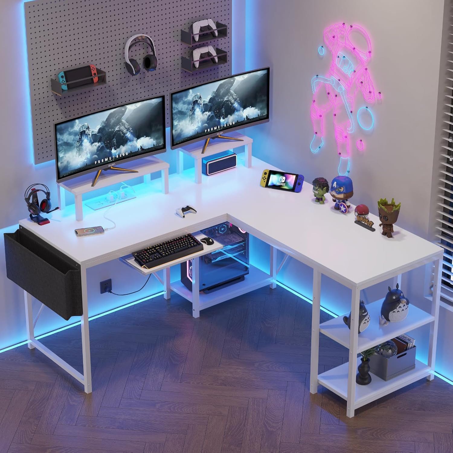 HOMALL Eckschreibtisch Eckschreibtisch Computertisch mit Monitorständer und Tastaturständer (mit RGB LED, Monitorständer & Ablagefach, 2 Steckdosen + 2 USB-Anschlüsse)