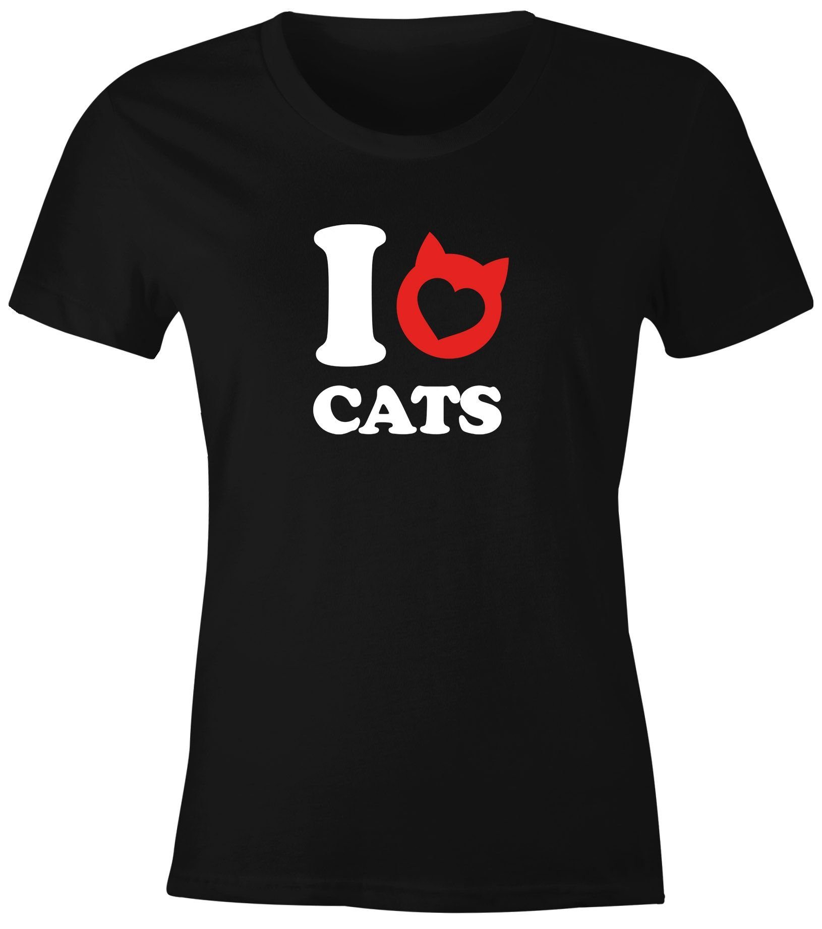 Print-Shirt Damen T-Shirt Spruch I love cats Katze Herz Grafik Motiv Frauen Print Fun-Shirt lustig Moonworks®