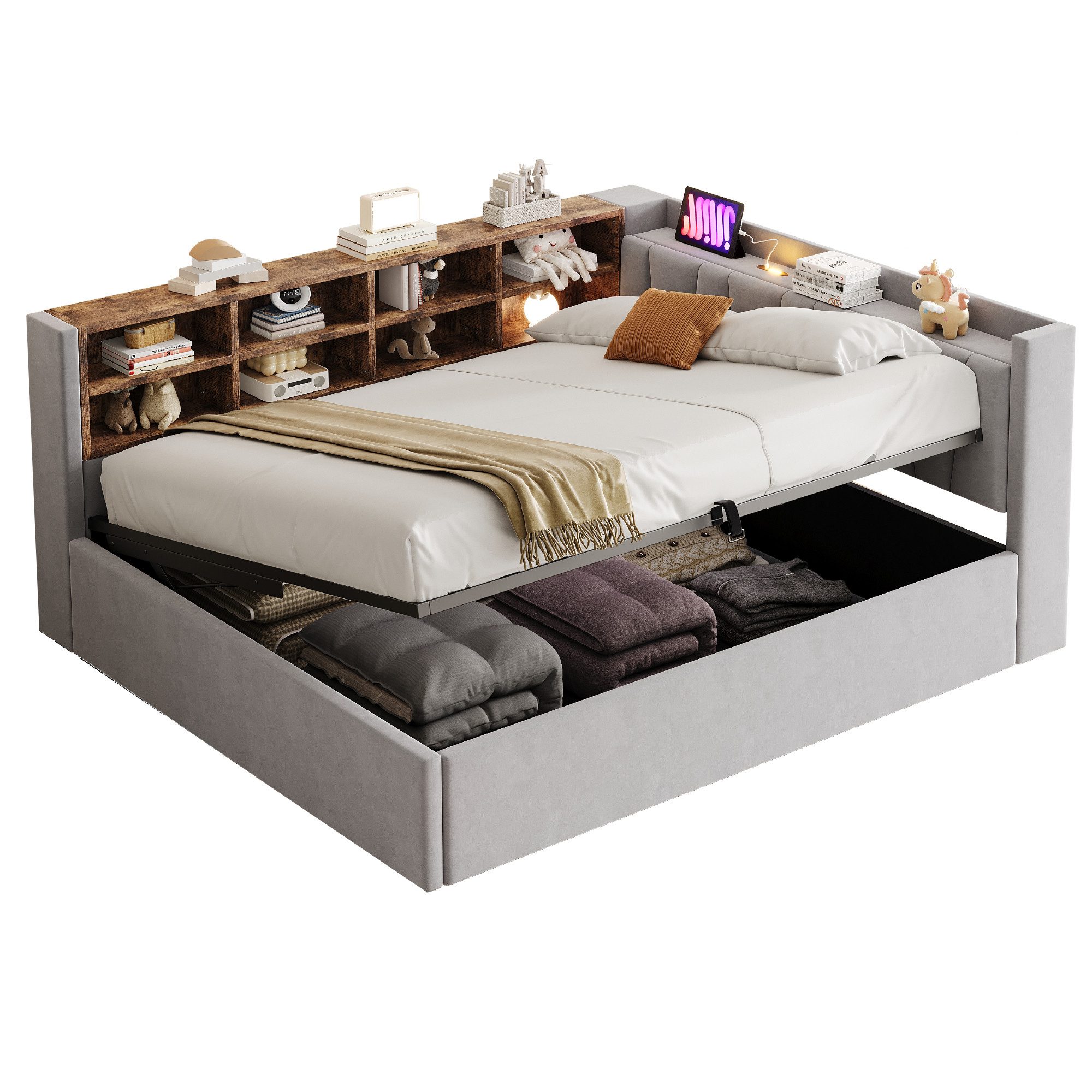 MODFU Schlafsofa Mit Hydraulischem Stauraum, Nachtlicht, USB & Typ-C Ladeanschlüssen, Samt,Polsterbett mit Ablagen und Staufächern, Multifunktionales Kinderbett 140x200 cm, ohne Matratze