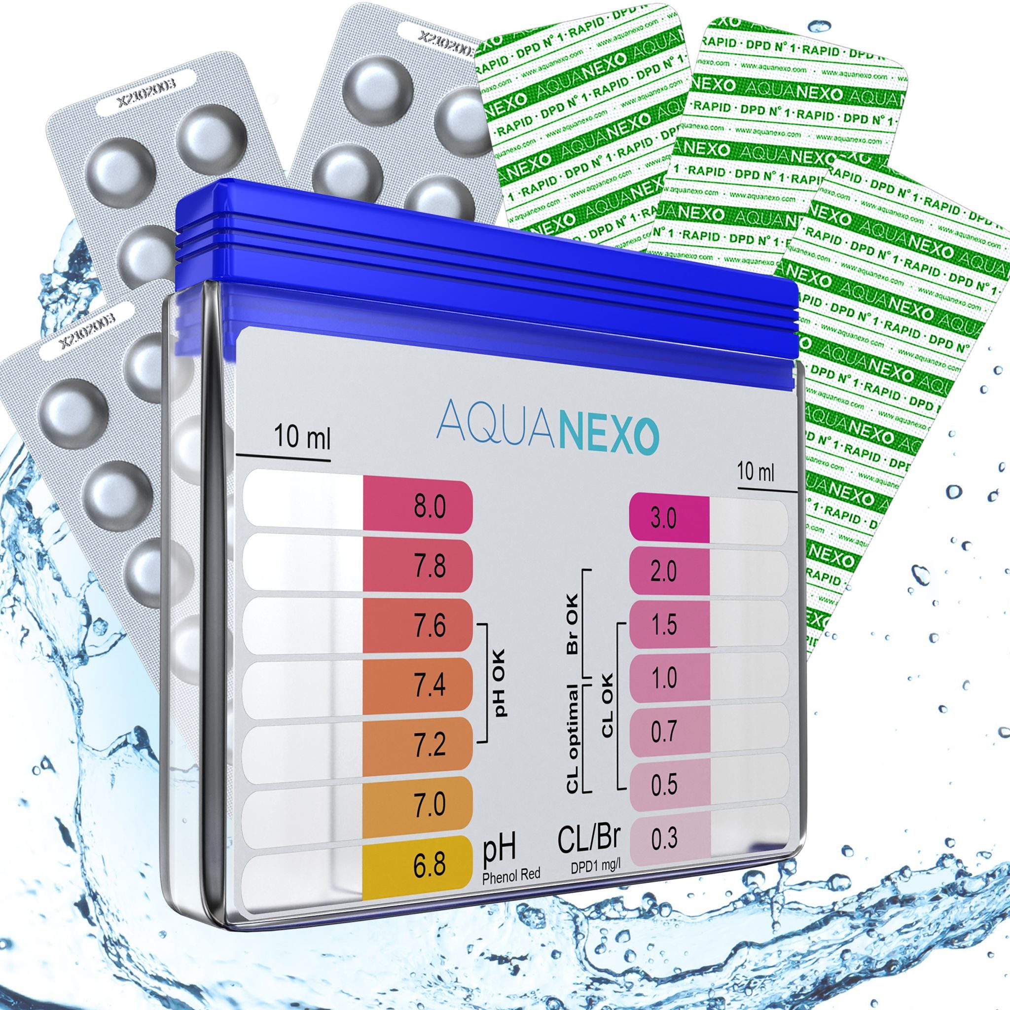 AquaNexo Pool-Wassertest Aquanexo Pool Schütteltester pH und Chlor inkl. 60 Pool Testtabletten, 60 Testtabletten inklusive