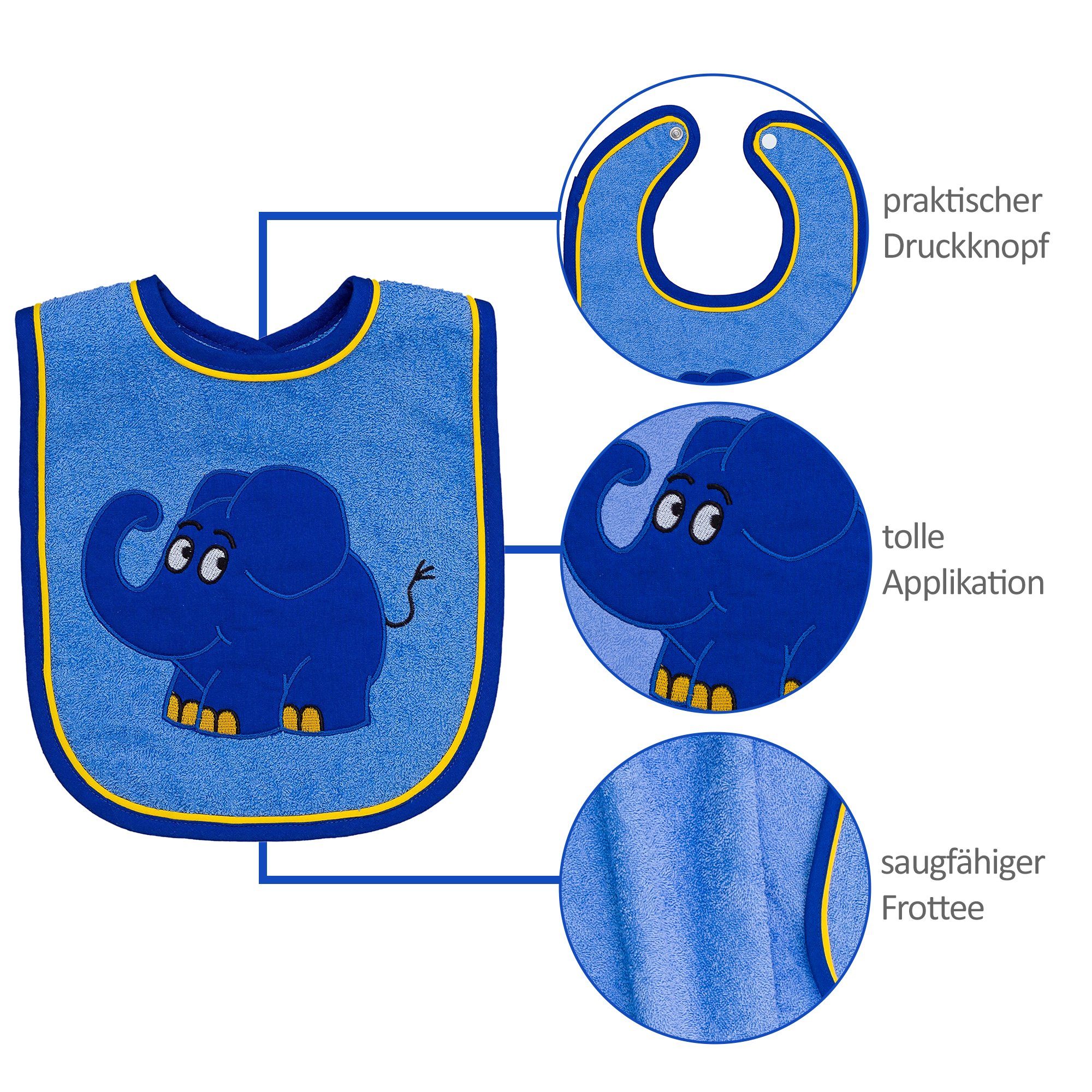Smithy Handtuch Waschlappen mit aus (Spar-Set, Kapuzenhandtuch, Frottee, Elefanten, 3-tlg. blauen Lätzchen dem Set Set 3-tlg), und