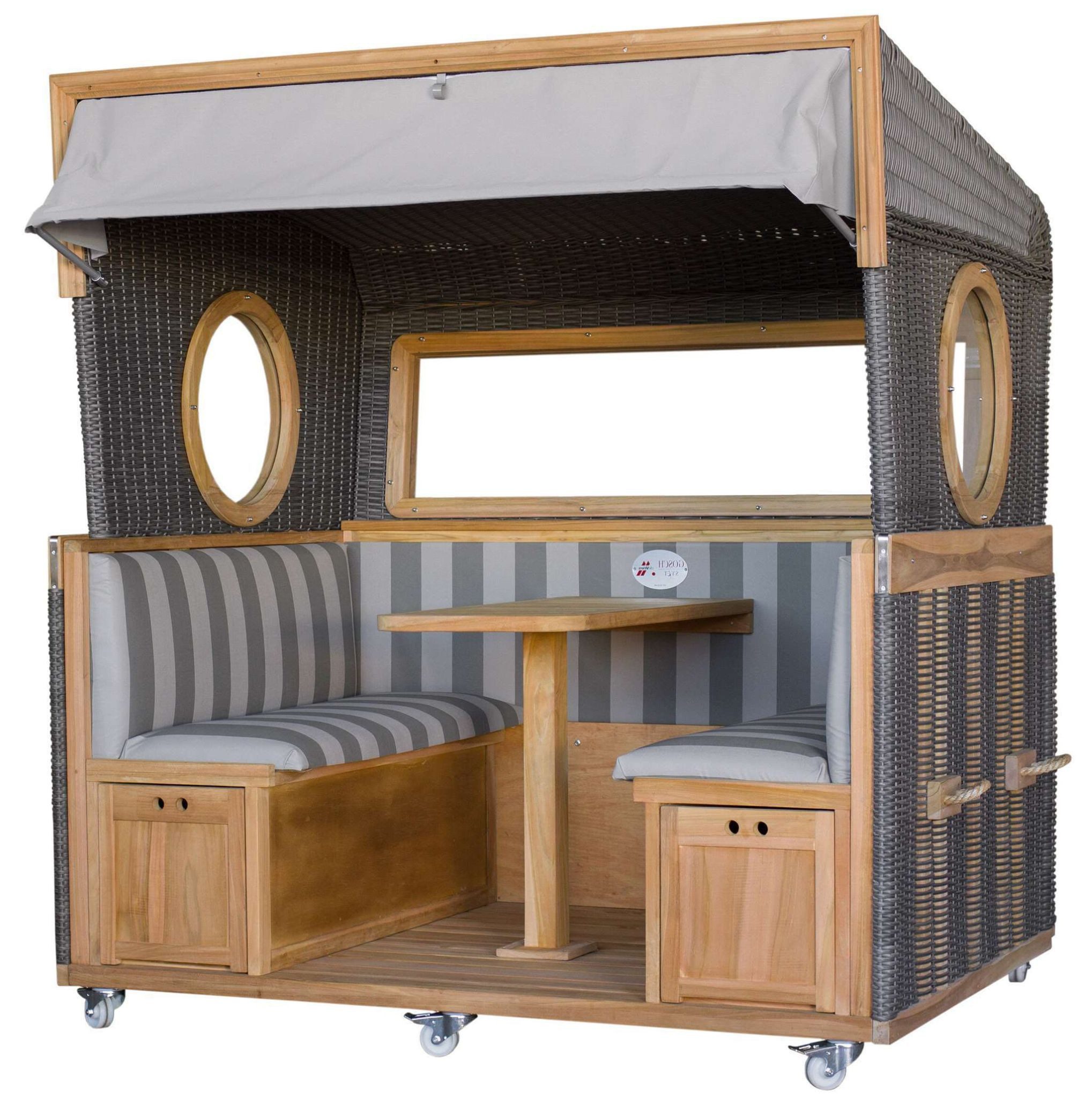deVries Strandkorb Strandkorb 6-Sitzer Teak - PE grau durchgeflochten - Modell 981, BxTxH: 200x158x207 cm, Gosch-Lounge, Nordsee-Strandkorb, Bullaugen und Panoramafenster, Staufächer, Sitzbänken, großer Tisch