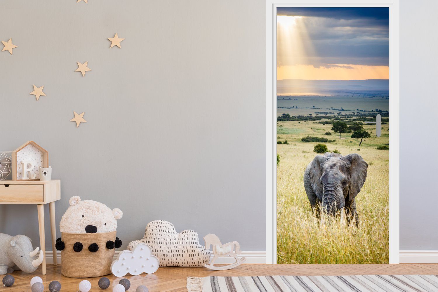 Tür, - Fototapete Tiere Landschaft 75x205 Sonne - - cm MuchoWow Matt, bedruckt, für Elefant Natur, Türtapete (1 St), Türaufkleber, -