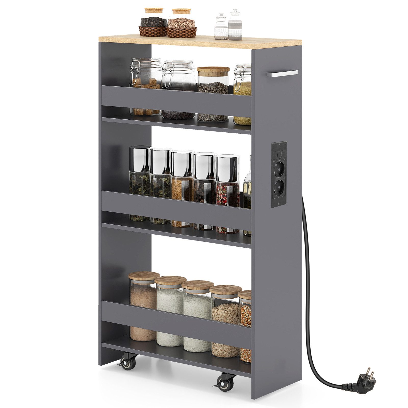 COSTWAY Küchenwagen, Nischenwagen 20cm breit schmal mit Ladestation Holz