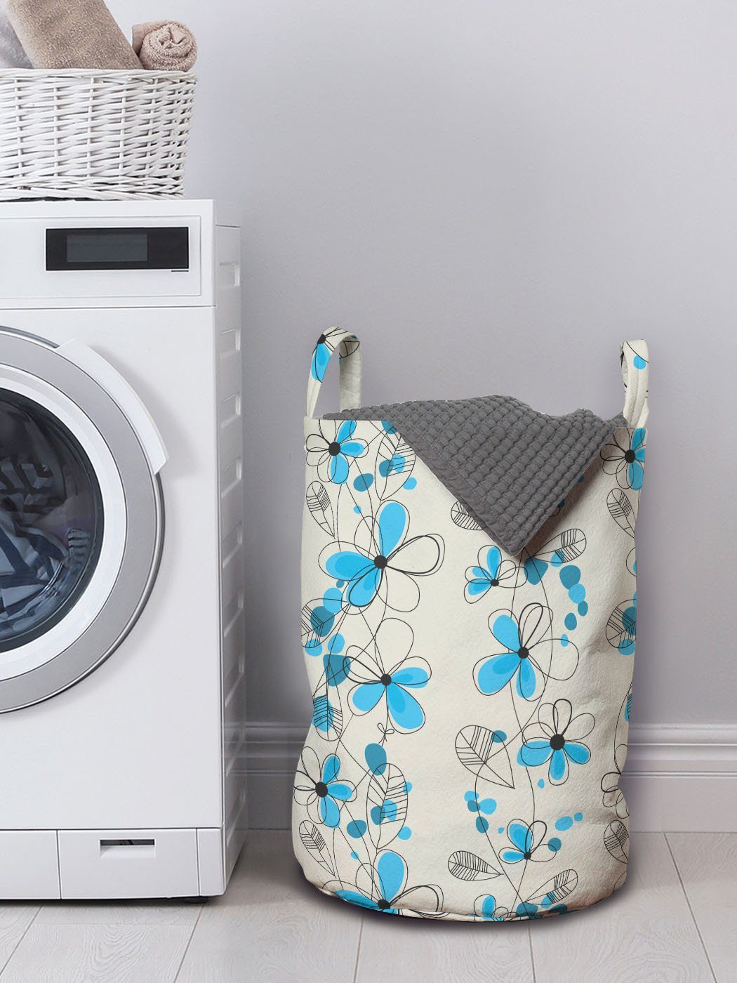 Abakuhaus Wäschesäckchen Wäschekorb mit Griffen Grau für Gänseblümchen Kordelzugverschluss Blau Waschsalons, Childish und