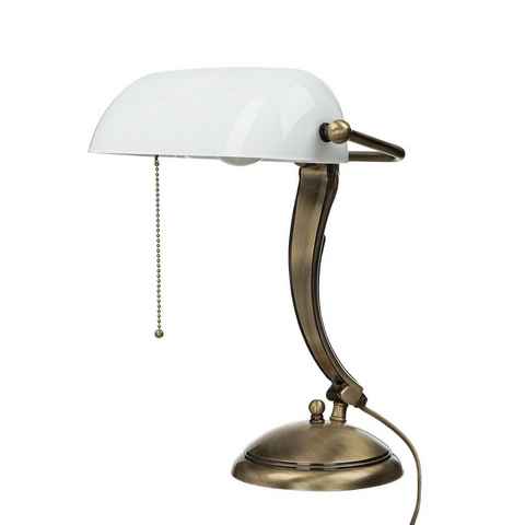 Licht-Erlebnisse Schreibtischlampe LAMPADE MINISTERO, ohne Leuchtmittel, Bankerlampe Echt Messing bronziert Glas Zugschalter Lampe