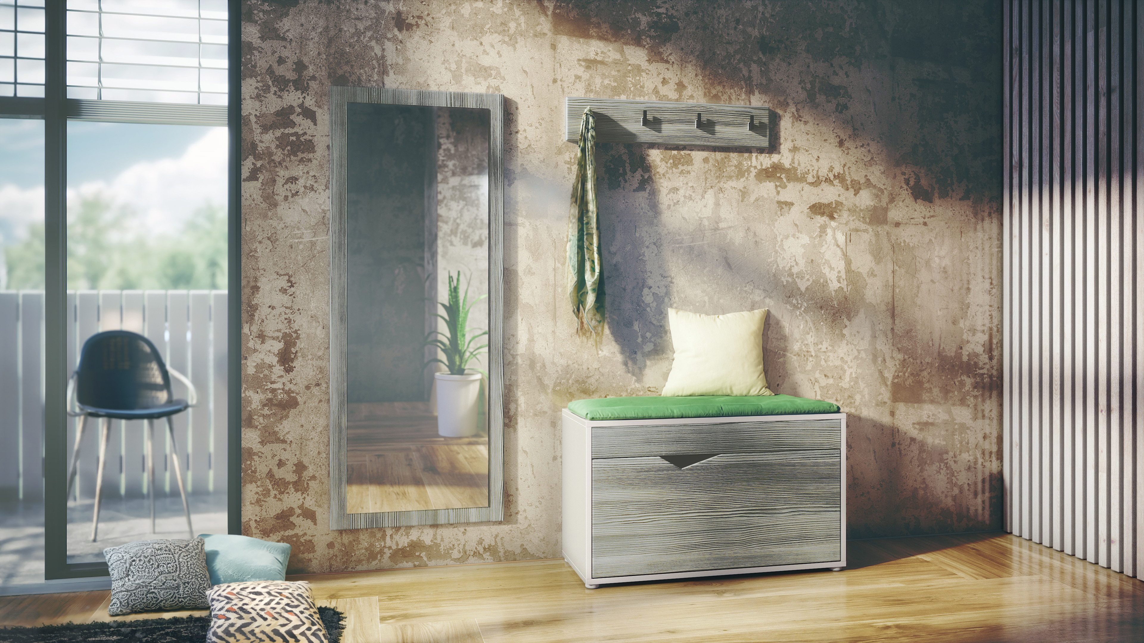 Vladon Garderoben-Set Hanko, (Flurgarderobe, bestehend aus 1 Schuhbank, 1 Garderobenleiste und 1 Wandspiegel), Weiß matt/Avola-Anthrazit