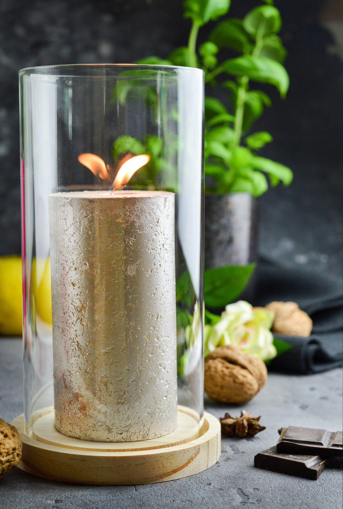 Sendez Windlicht Kerzenhalter Laterne Tischdeko mit Kerzenständer Glaszylinder Holzteller