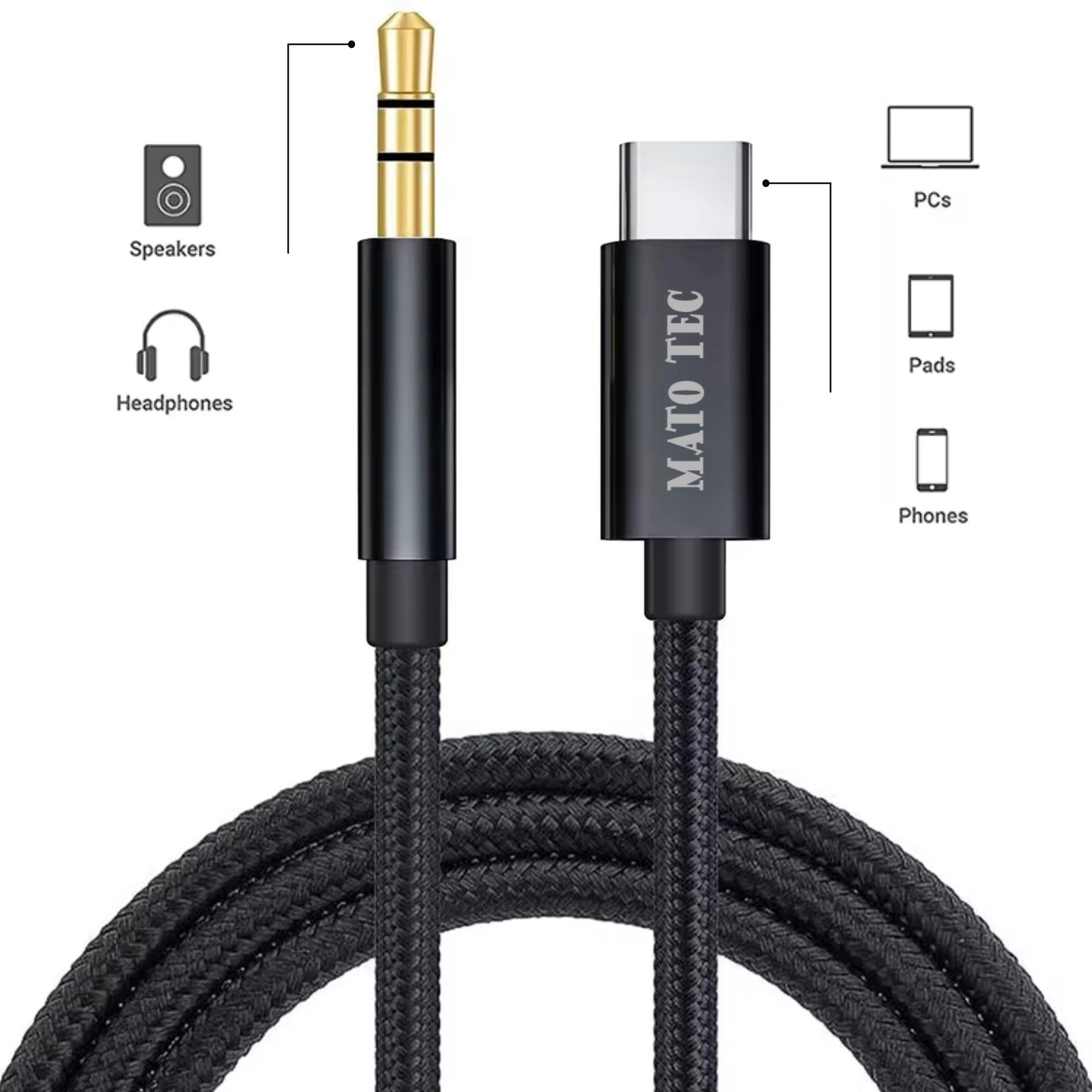 Alpha Electronics USB Type C zu Aux Stecker Schwarz, Huawei, Samsung, Apple, Audio- & Video-Kabel, 3,5-mm-Klinke, USB-C (100 cm), Universal kompatibel