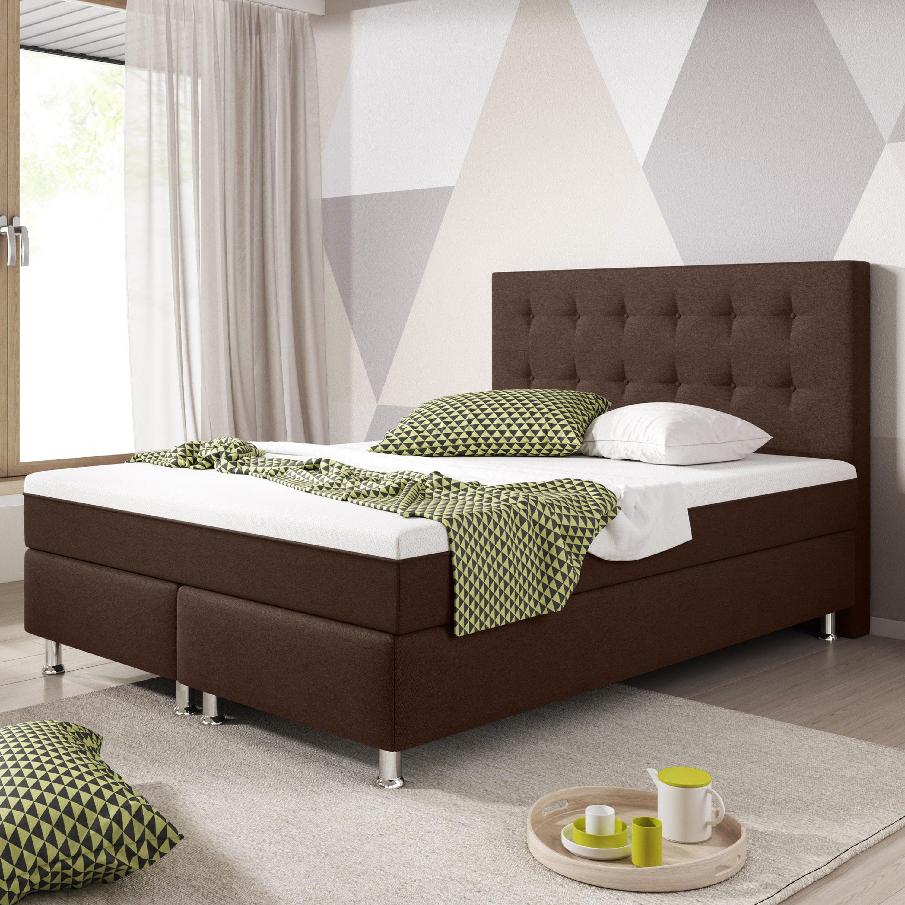 inter Boxspringbett Köln Plus 140x200 cm Webstoff (140x200 cm, Braun), inkl. Matratze mit Bezug in Topper-Optik