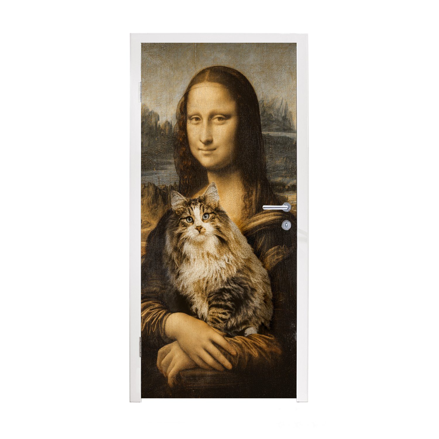 MuchoWow Türtapete Mona Lisa - Katze - Leonardo da Vinci - Vintage - Kunstwerk - Alte, Matt, bedruckt, (1 St), Fototapete für Tür, Türaufkleber, 75x205 cm