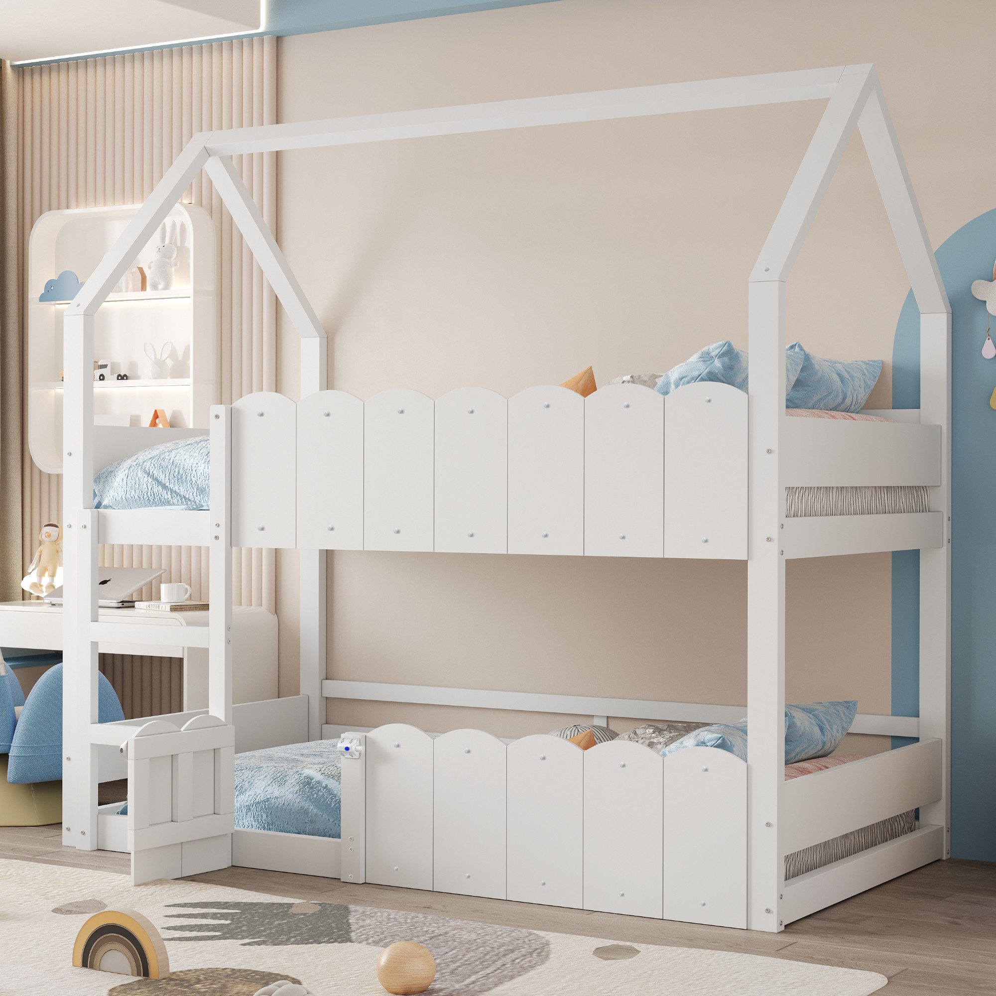 Flieks Etagenbett, Kinderbett Hausbett 90x200cm mit Rausfallschutz und oberem Lattenrost