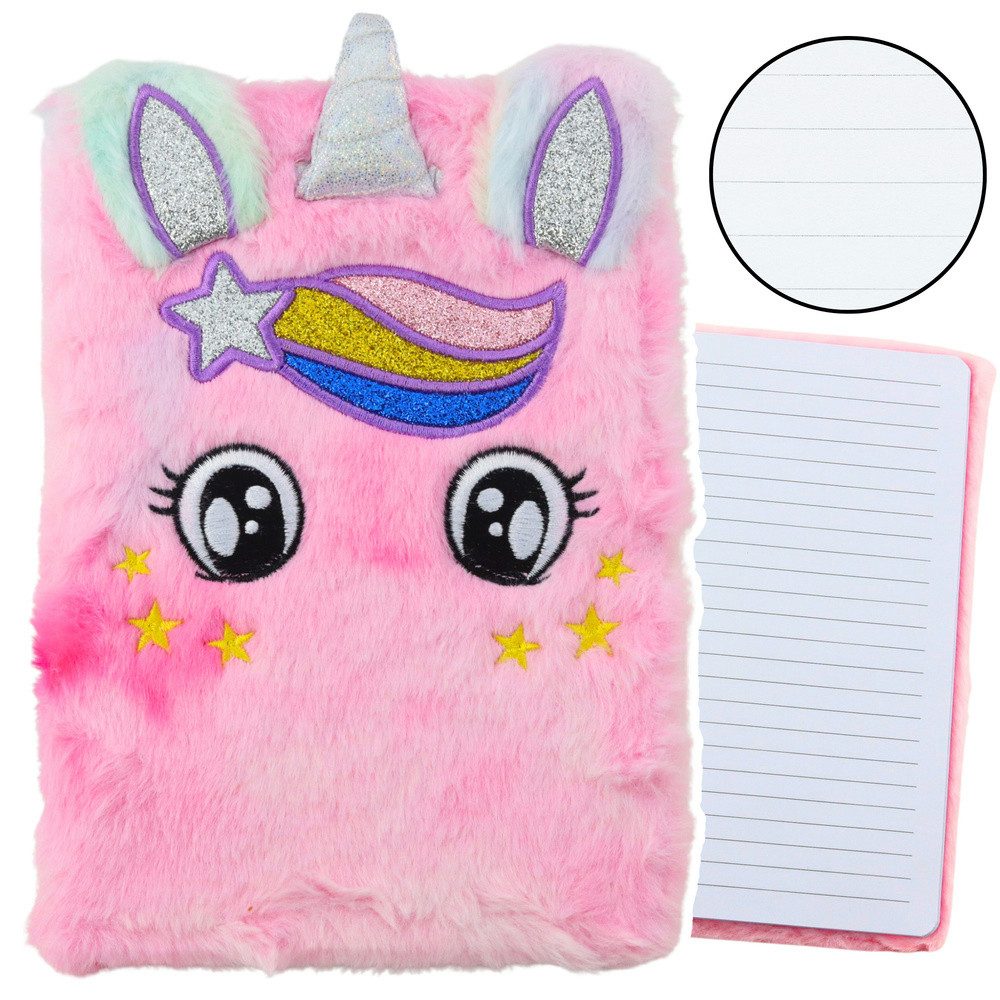 LEAN TOYS Notizbuch Tagebuch Einhornbuch Schreibbuch, Plüsch-Einband, Einhorn-Applikation, liniert